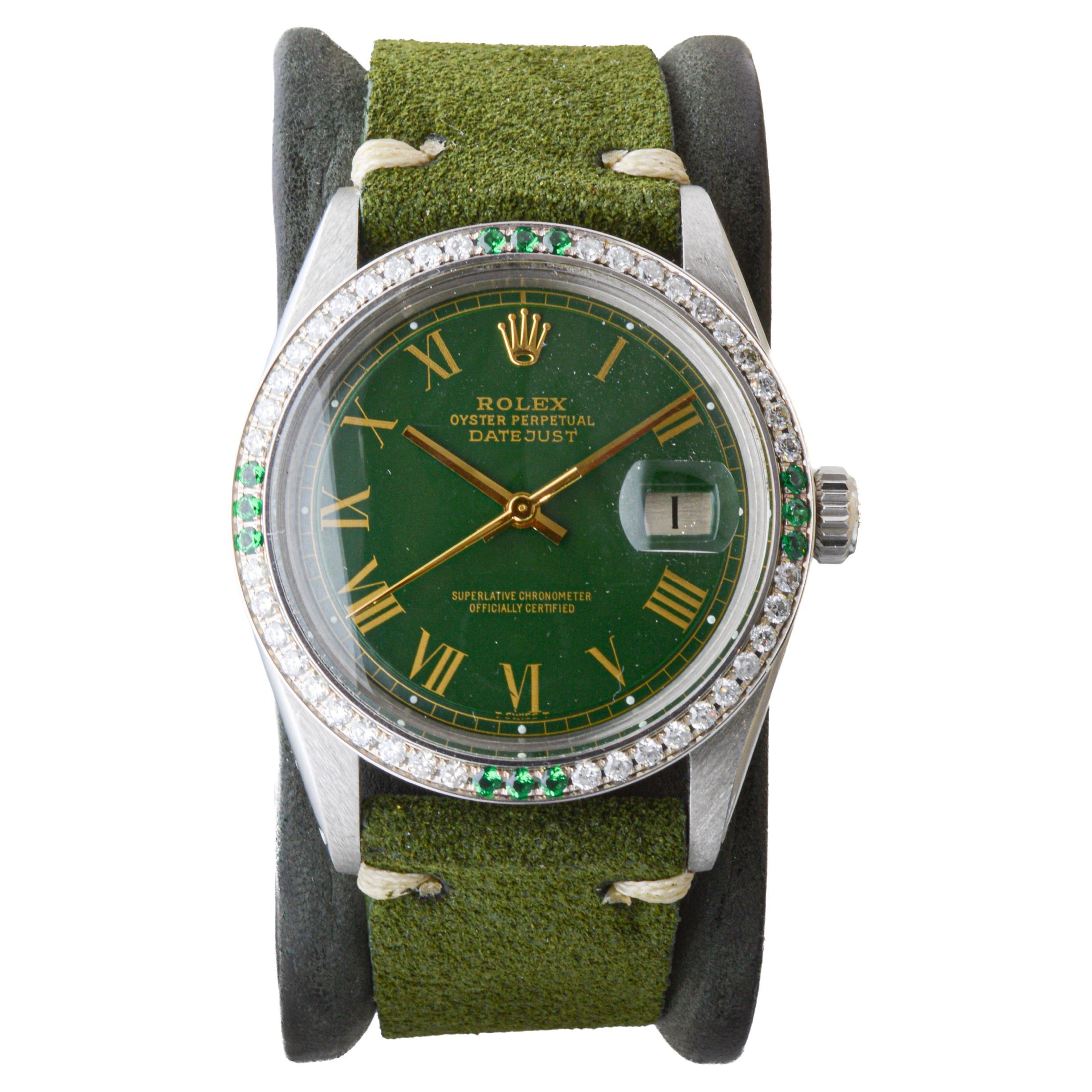 Rolex Steel Datejust with Custom Green Dial and Diamond Bezel circa, 1970's