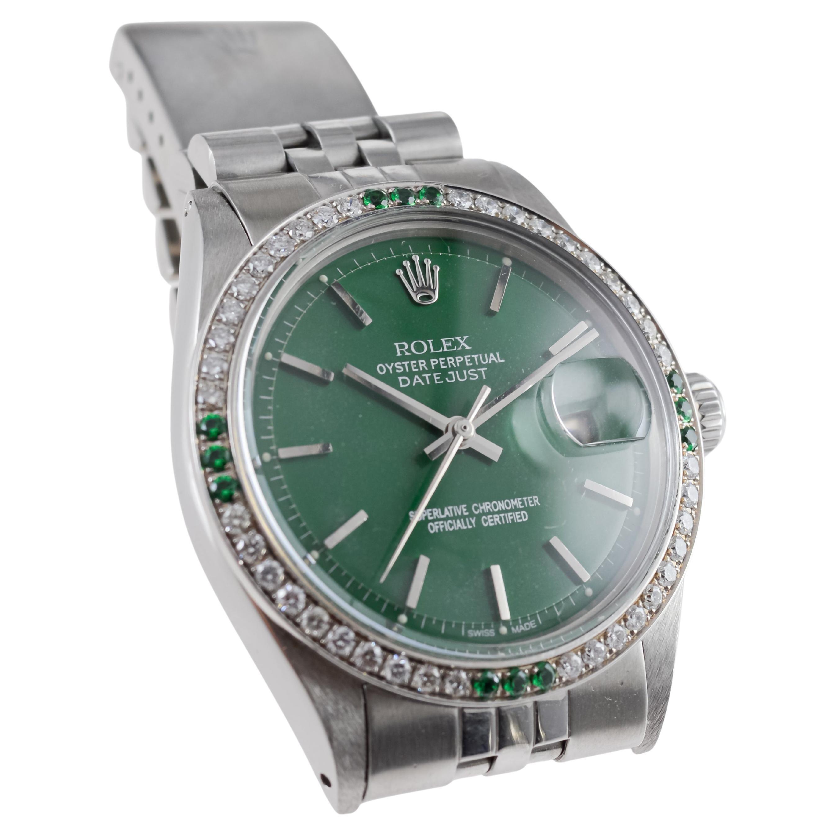 Rolex Steel Datejust With Custom Made Green Dial and Diamond Bezel circa 1970's For Sale 5