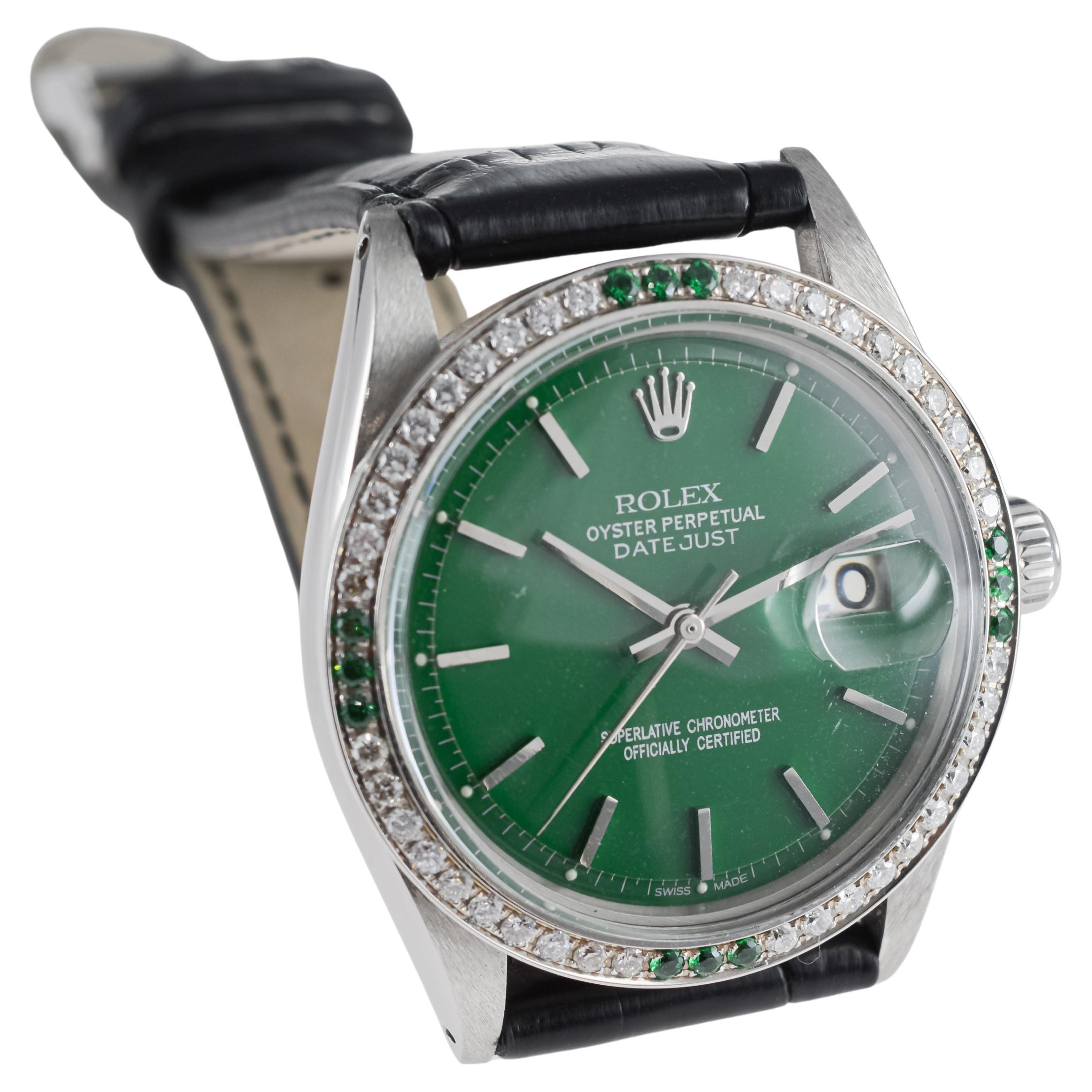 Rolex Steel Datejust With Custom Made Green Dial and Diamond Bezel circa 1970's For Sale 5