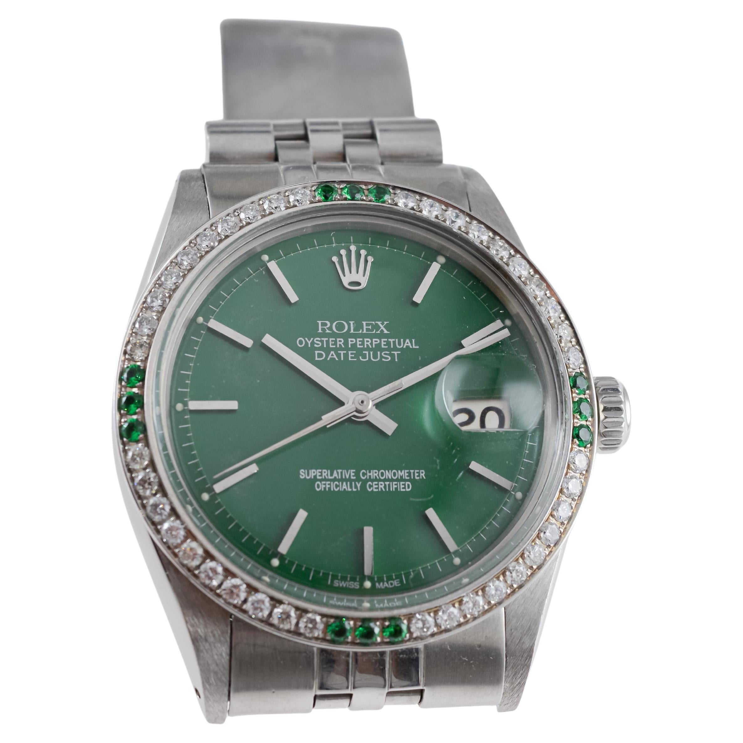 Rolex Steel Datejust With Custom Made Green Dial and Diamond Bezel circa 1970's For Sale 6
