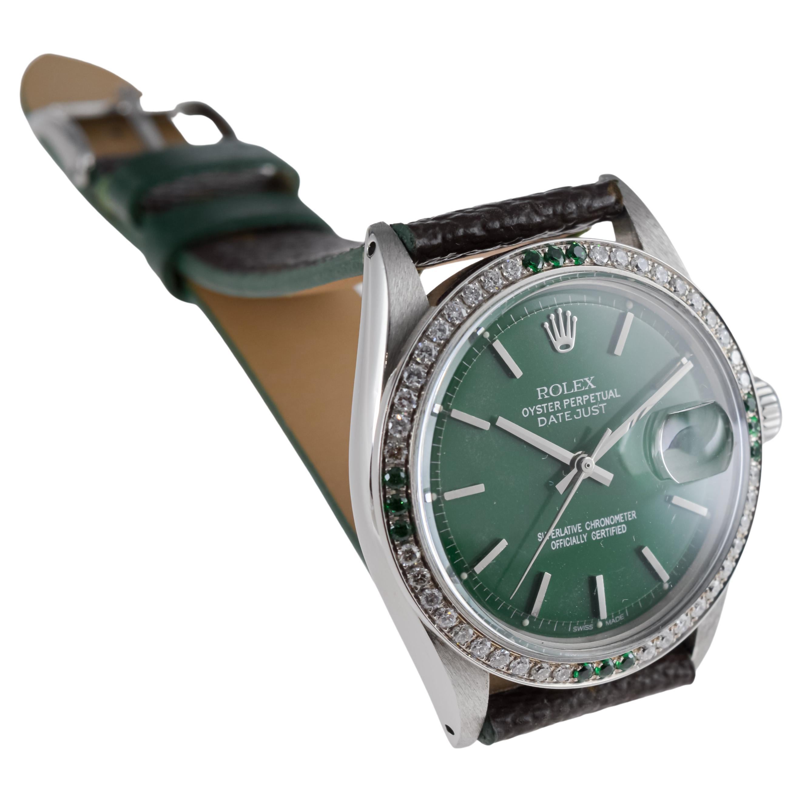 Rolex Steel Datejust With Custom Made Green Dial and Diamond Bezel circa 1970's For Sale 5
