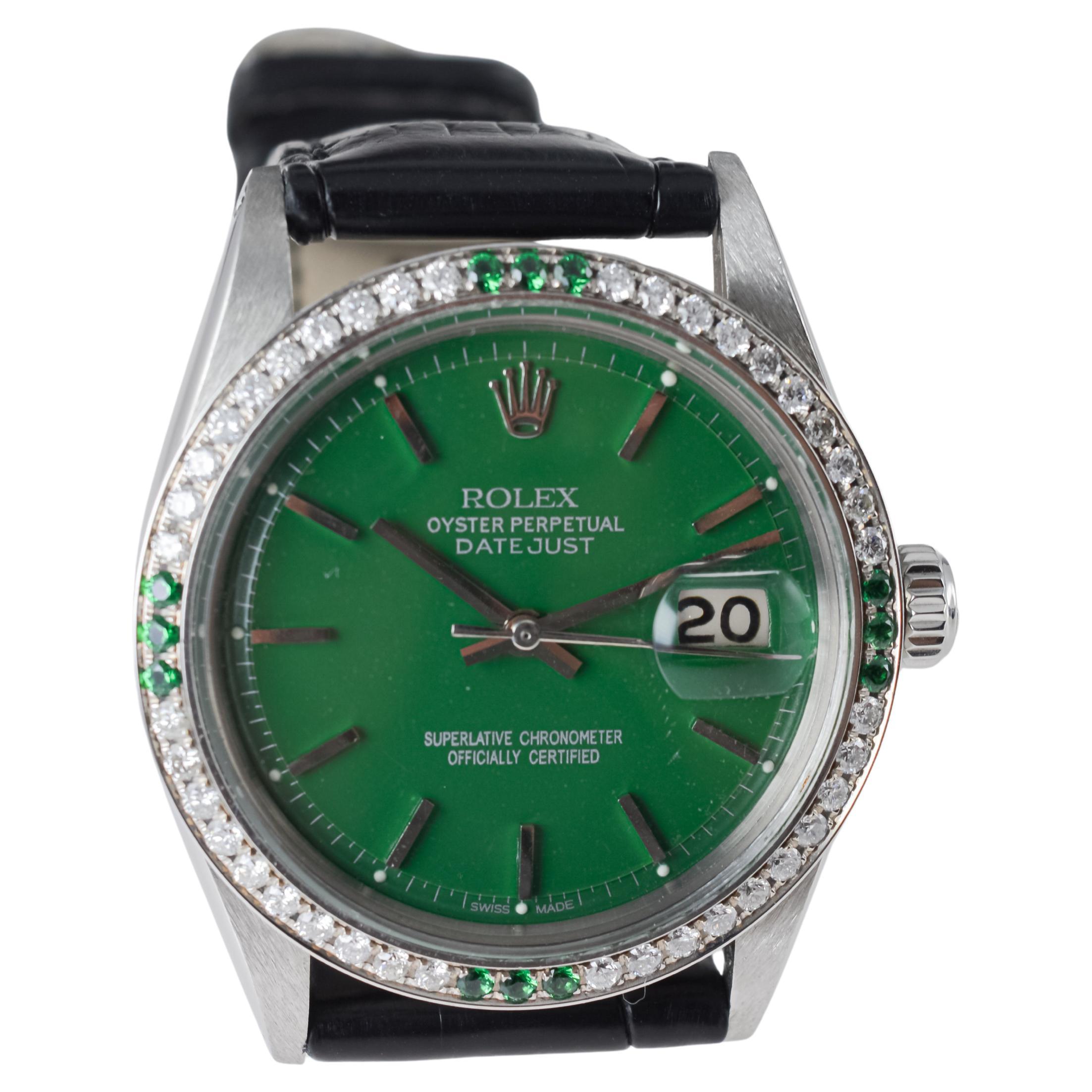 Rolex Steel Datejust With Custom Made Green Dial and Diamond Bezel circa 1970's For Sale 6