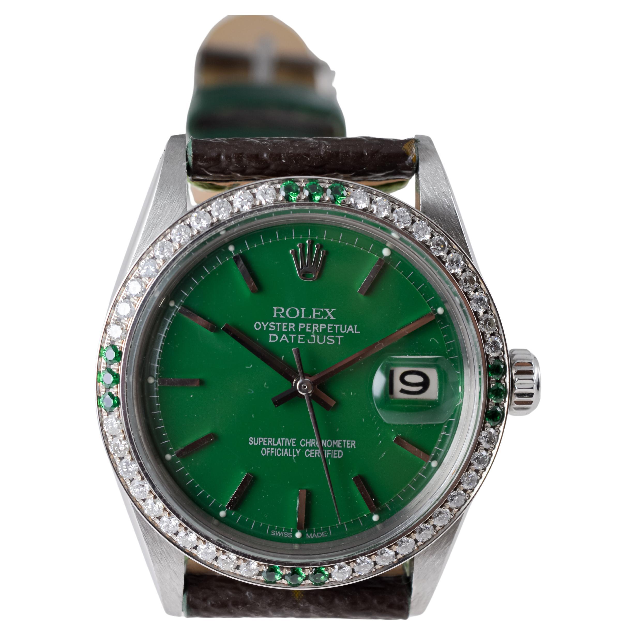 Rolex Steel Datejust With Custom Made Green Dial and Diamond Bezel circa 1970's For Sale 6