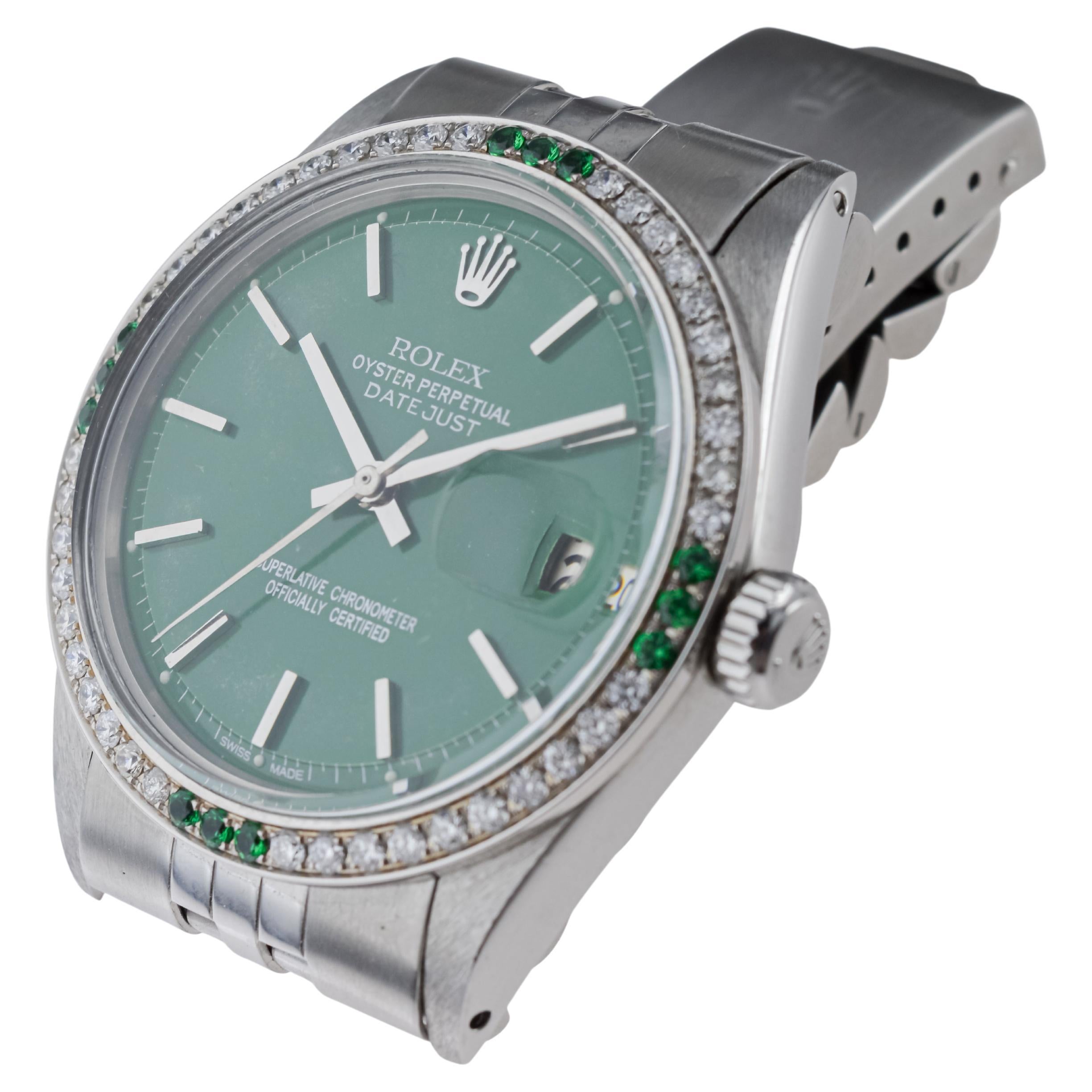 Rolex Steel Datejust With Custom Made Green Dial and Diamond Bezel circa 1970's For Sale 8
