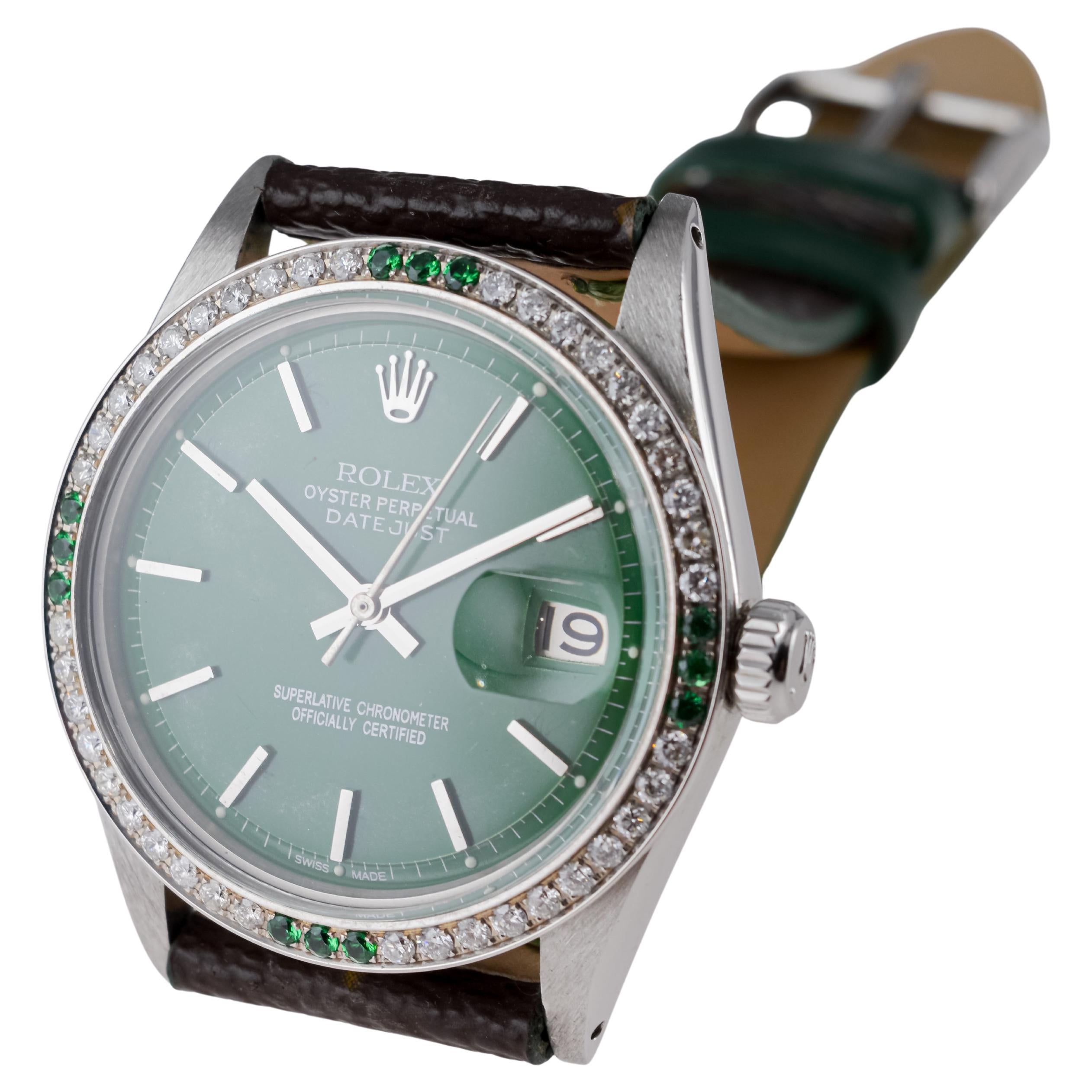 Rolex Steel Datejust With Custom Made Green Dial and Diamond Bezel circa 1970's For Sale 7
