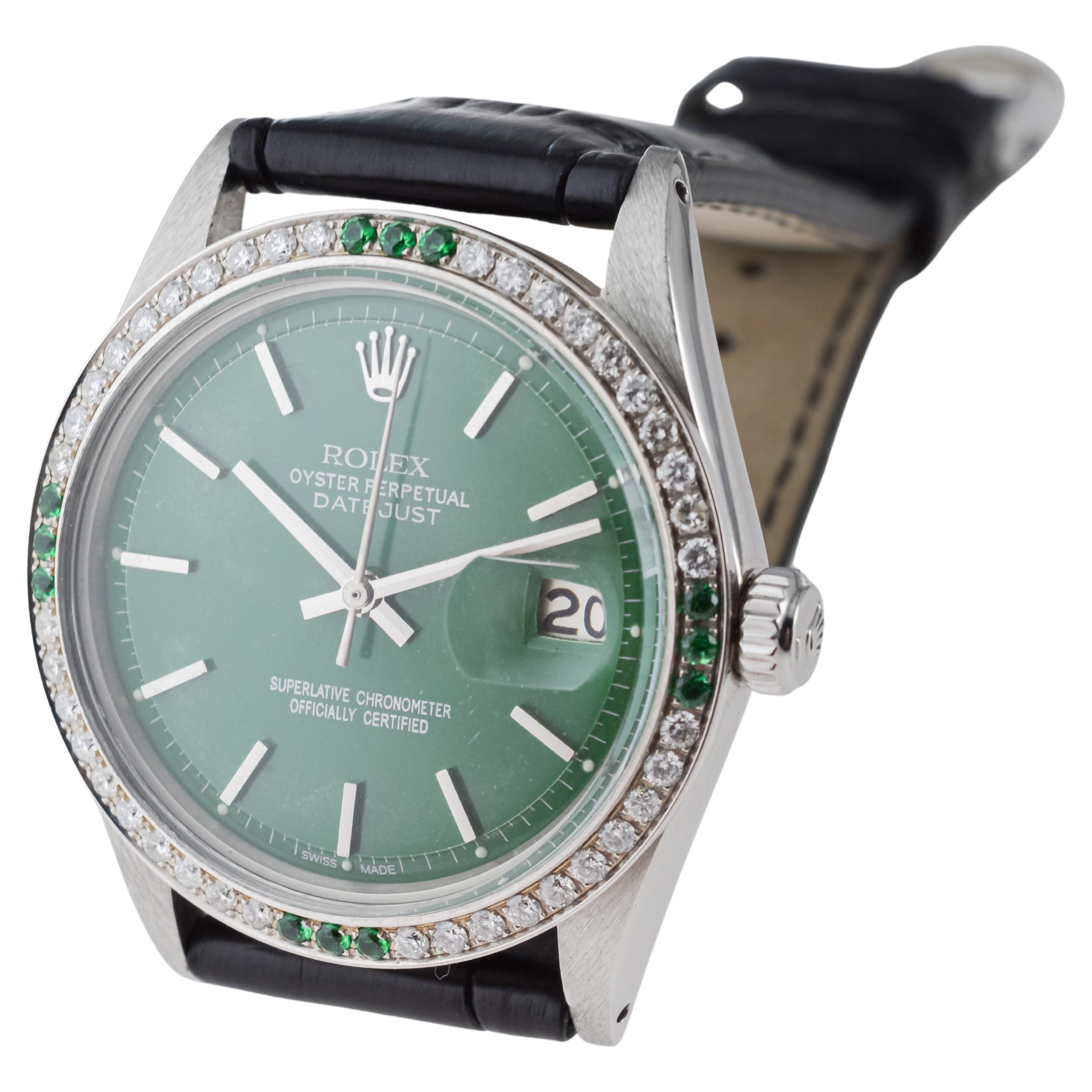 Rolex Steel Datejust With Custom Made Green Dial and Diamond Bezel circa 1970's For Sale 8
