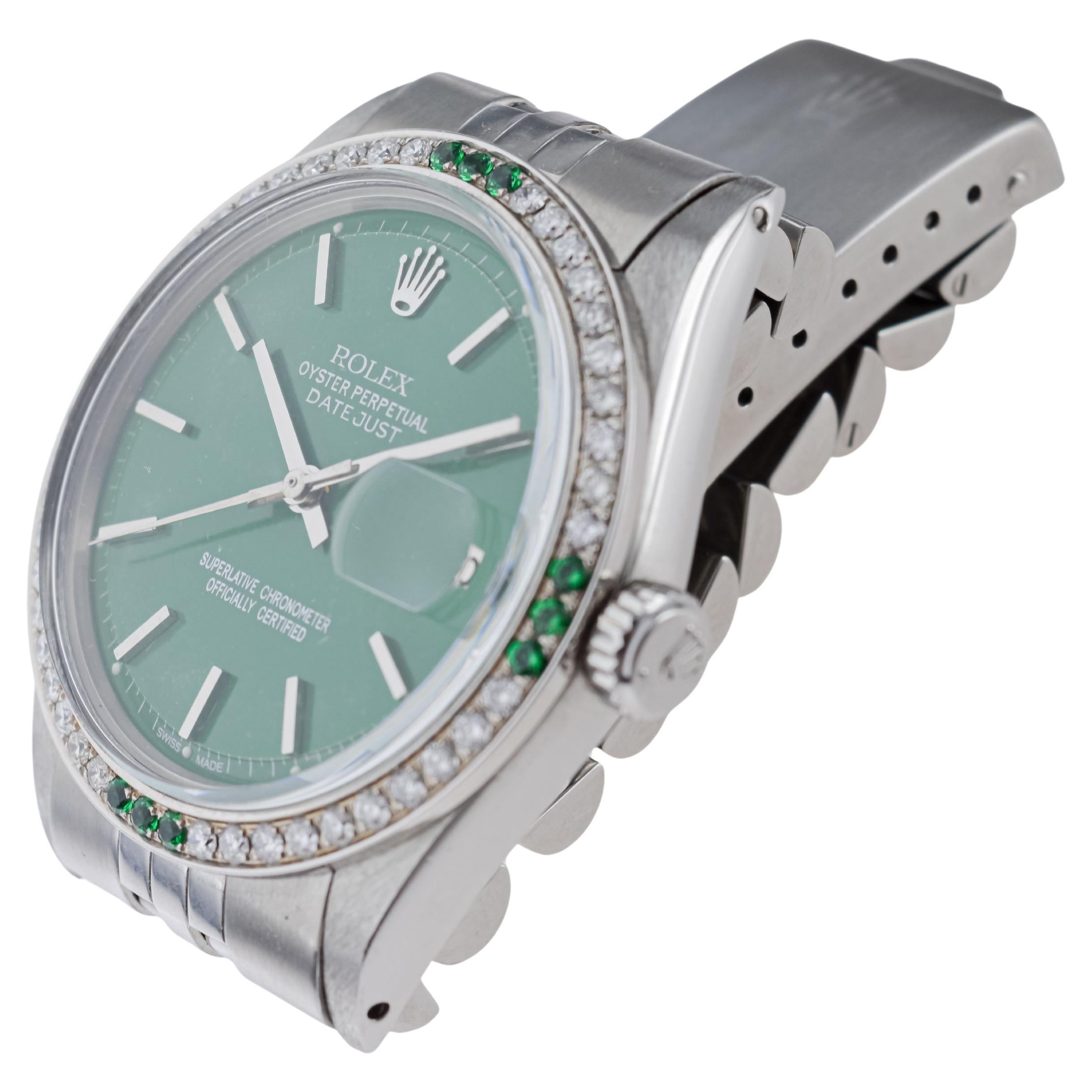 Rolex Steel Datejust With Custom Made Green Dial and Diamond Bezel circa 1970's For Sale 9
