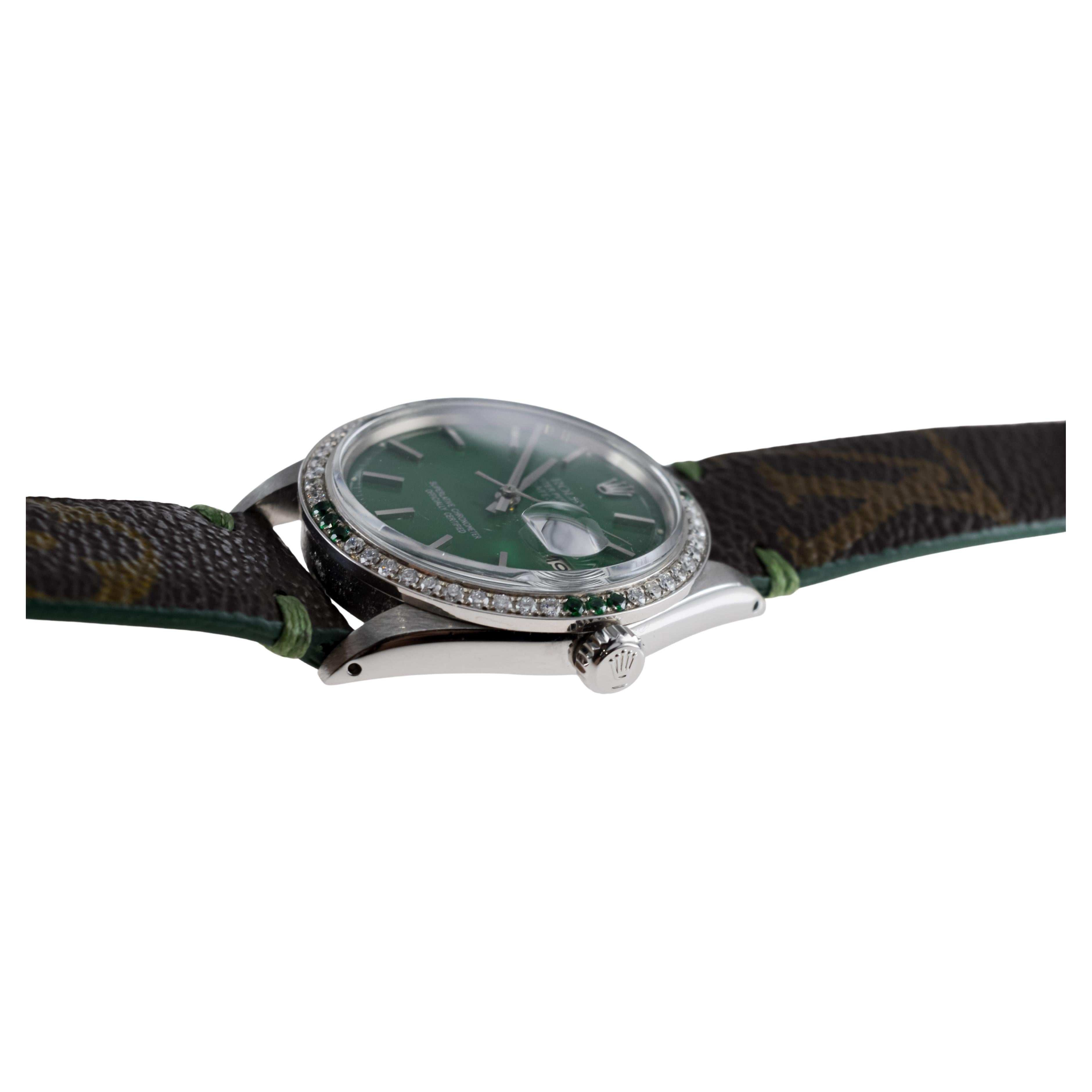 Rolex Steel Datejust With Custom Made Green Dial and Diamond Bezel circa 1970's For Sale 8