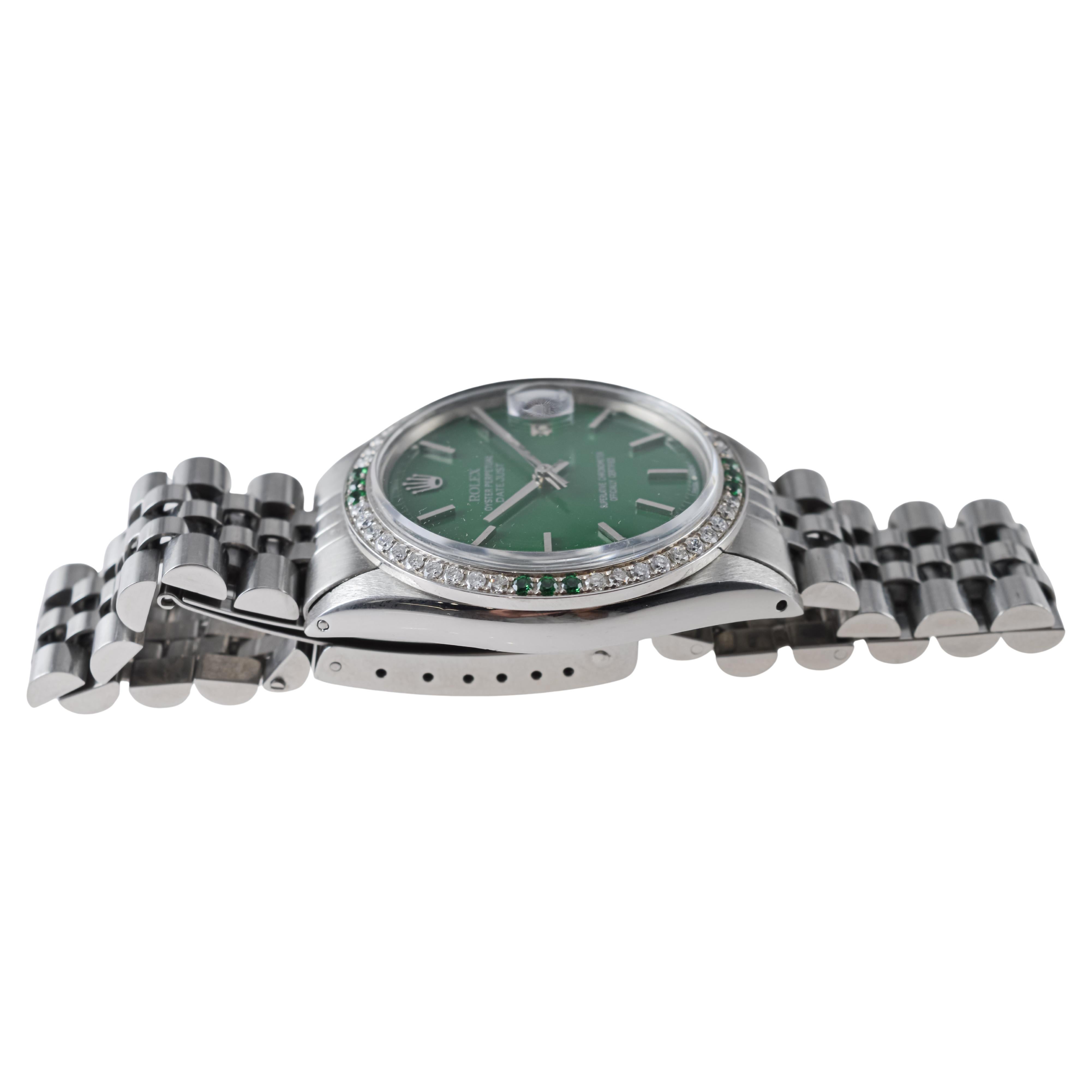 Rolex Steel Datejust With Custom Made Green Dial and Diamond Bezel circa 1970's For Sale 10