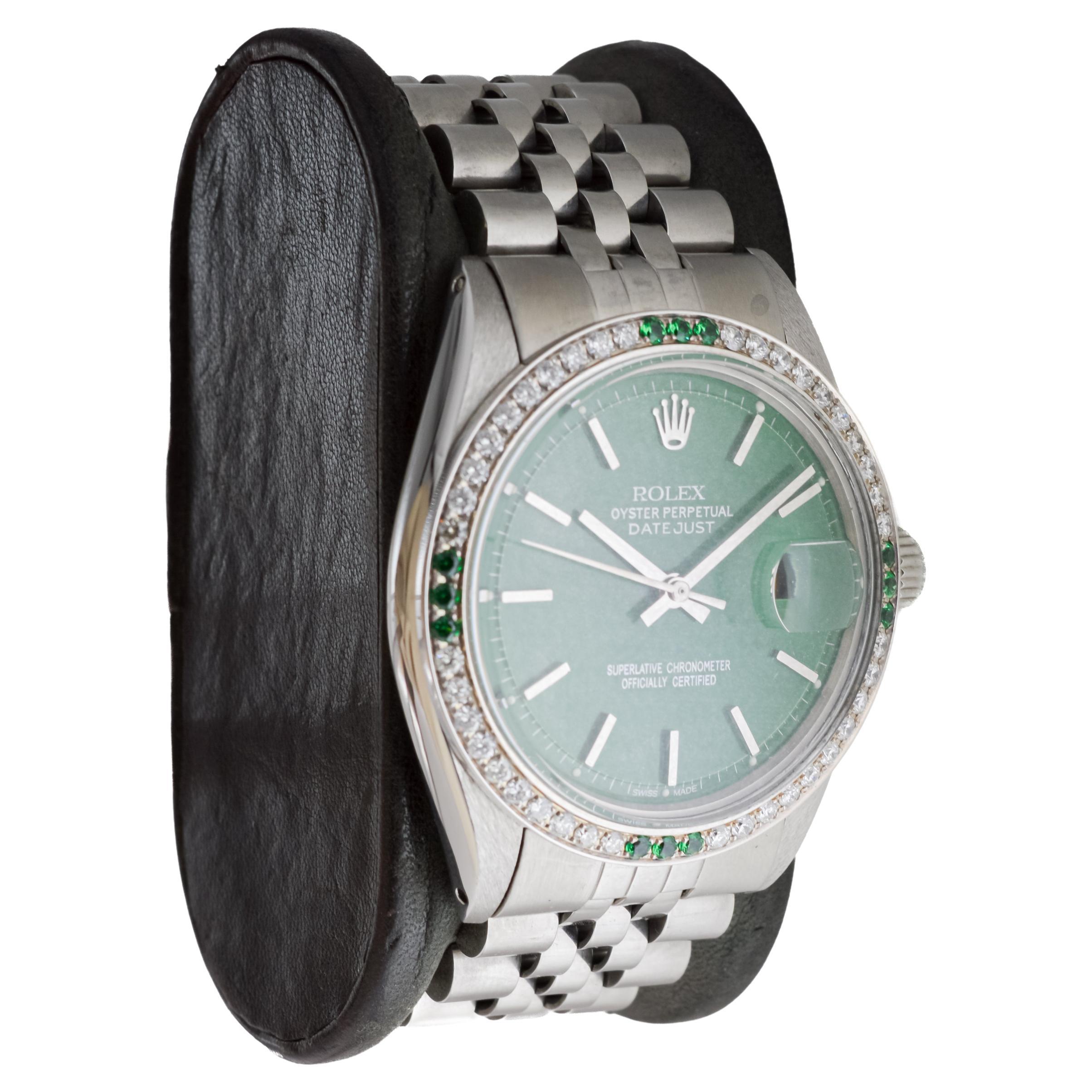 Modern Rolex Steel Datejust With Custom Made Green Dial and Diamond Bezel circa 1970's For Sale