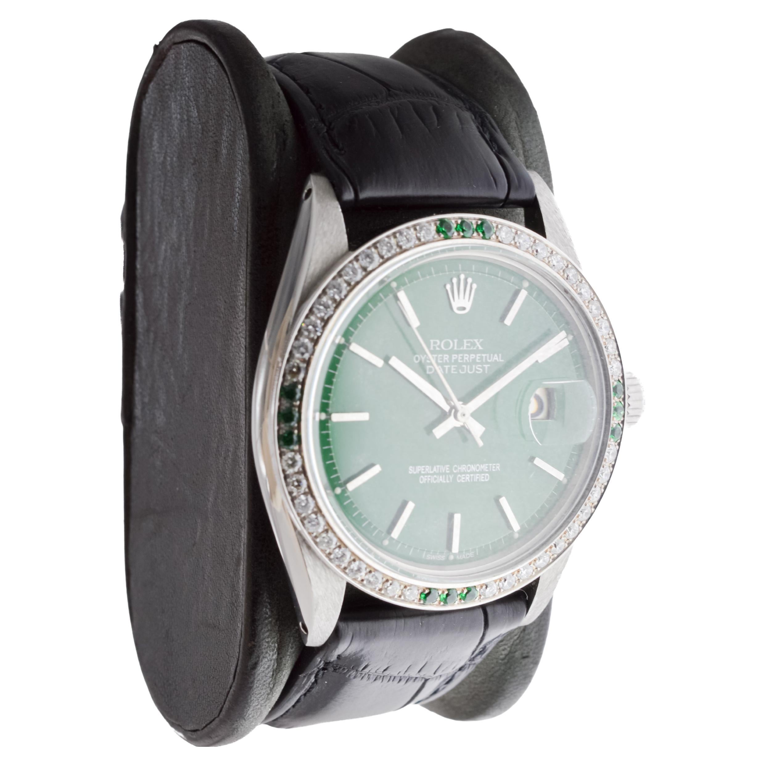Modern Rolex Steel Datejust With Custom Made Green Dial and Diamond Bezel circa 1970's For Sale