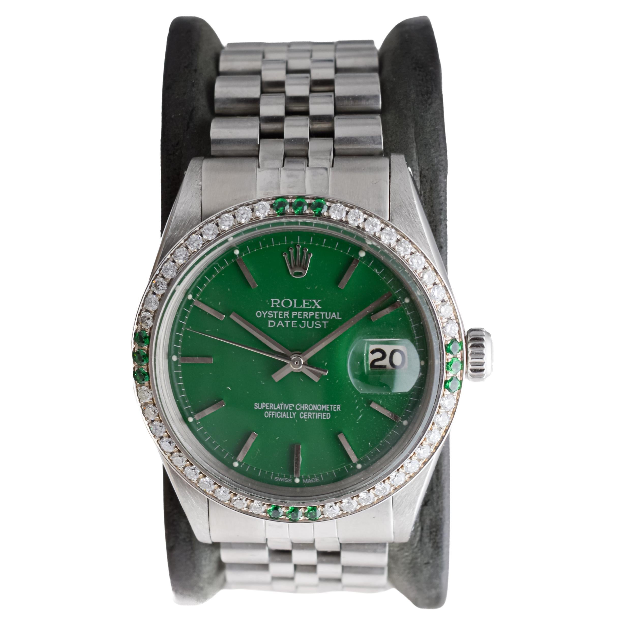 Rolex Steel Datejust With Custom Made Green Dial and Diamond Bezel circa 1970's In Excellent Condition For Sale In Long Beach, CA