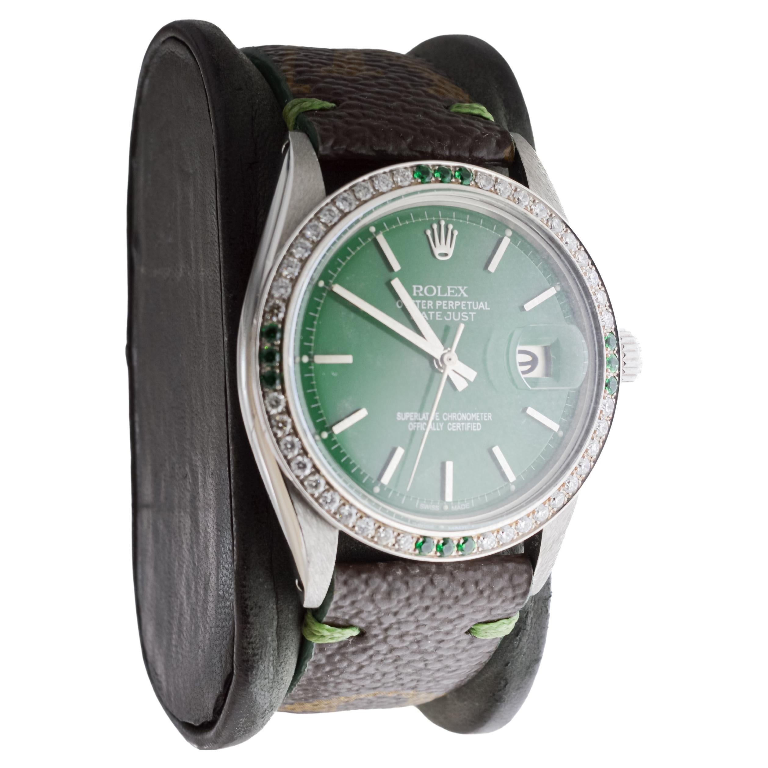 Modern Rolex Steel Datejust With Custom Made Green Dial and Diamond Bezel circa 1970's For Sale