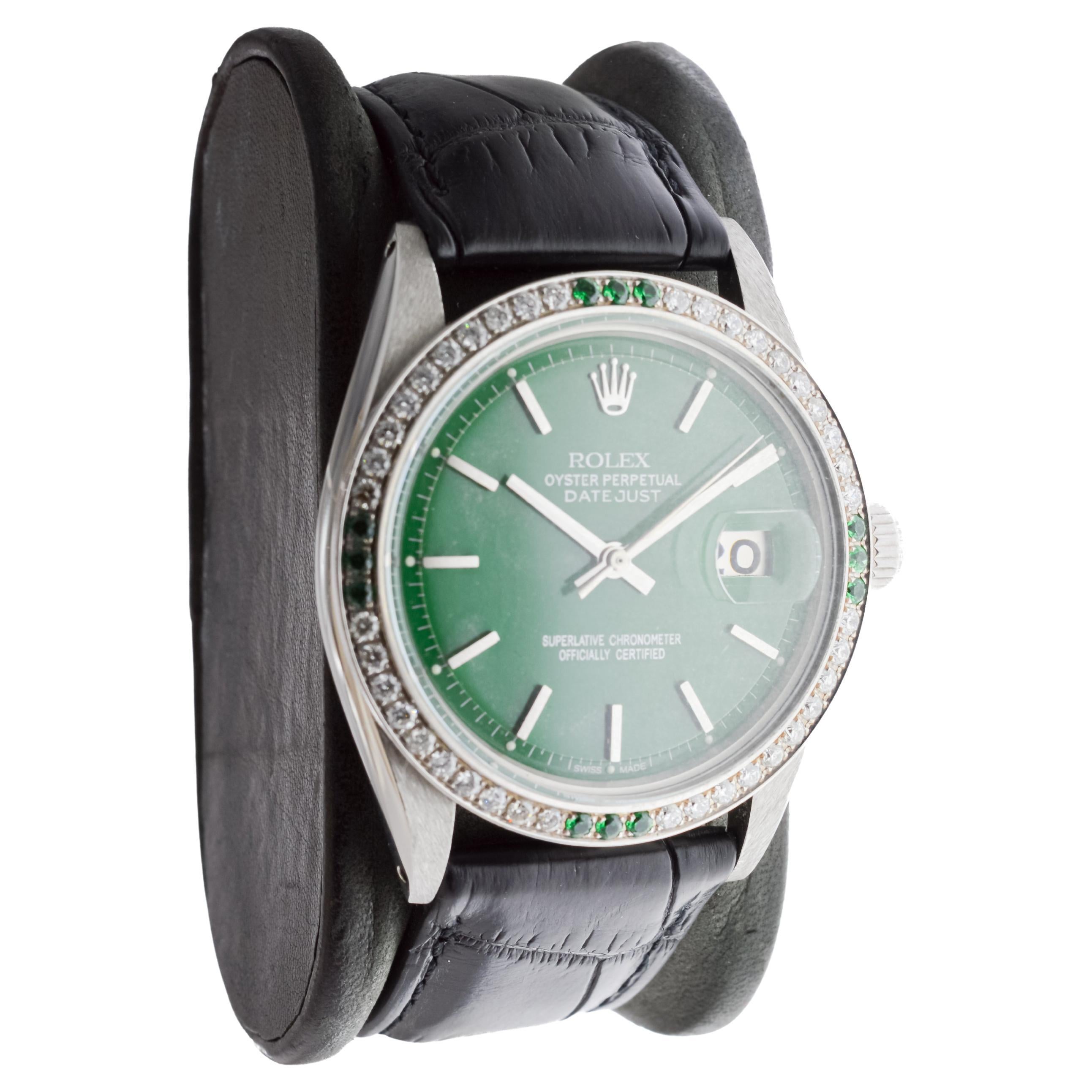 Rolex Steel Datejust With Custom Made Green Dial and Diamond Bezel circa 1970's In Excellent Condition For Sale In Long Beach, CA