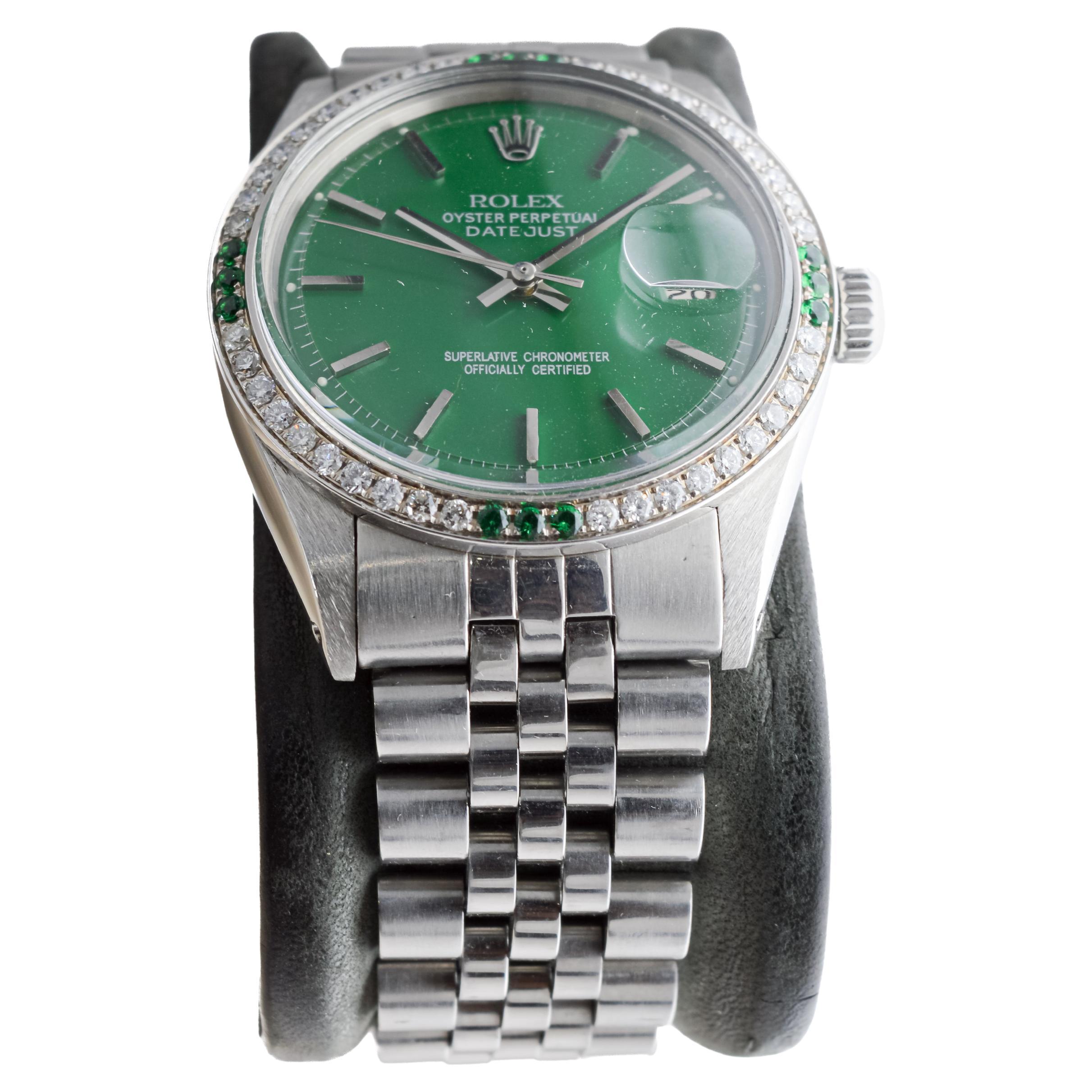 Women's or Men's Rolex Steel Datejust With Custom Made Green Dial and Diamond Bezel circa 1970's For Sale