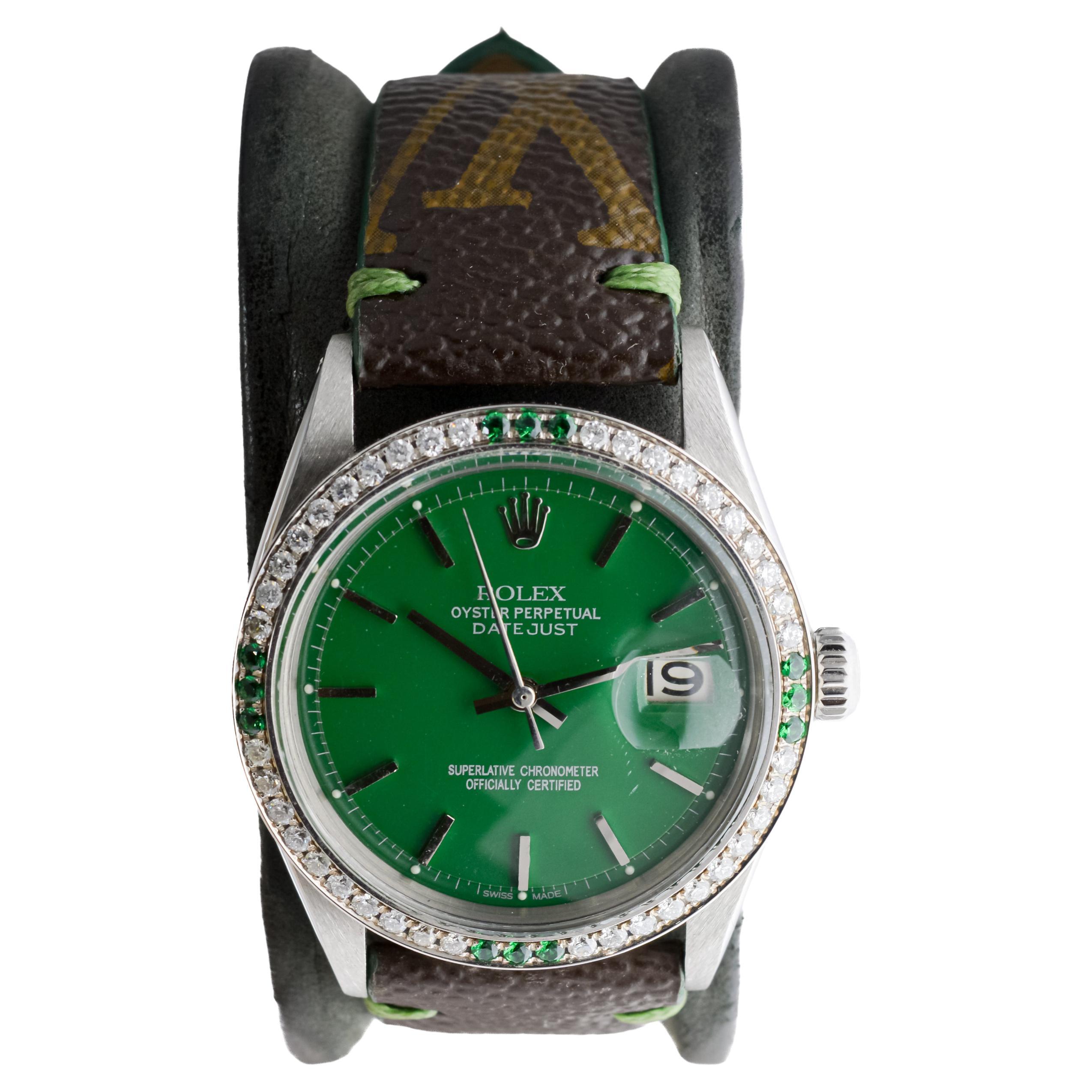Rolex Steel Datejust With Custom Made Green Dial and Diamond Bezel circa 1970's In Excellent Condition For Sale In Long Beach, CA