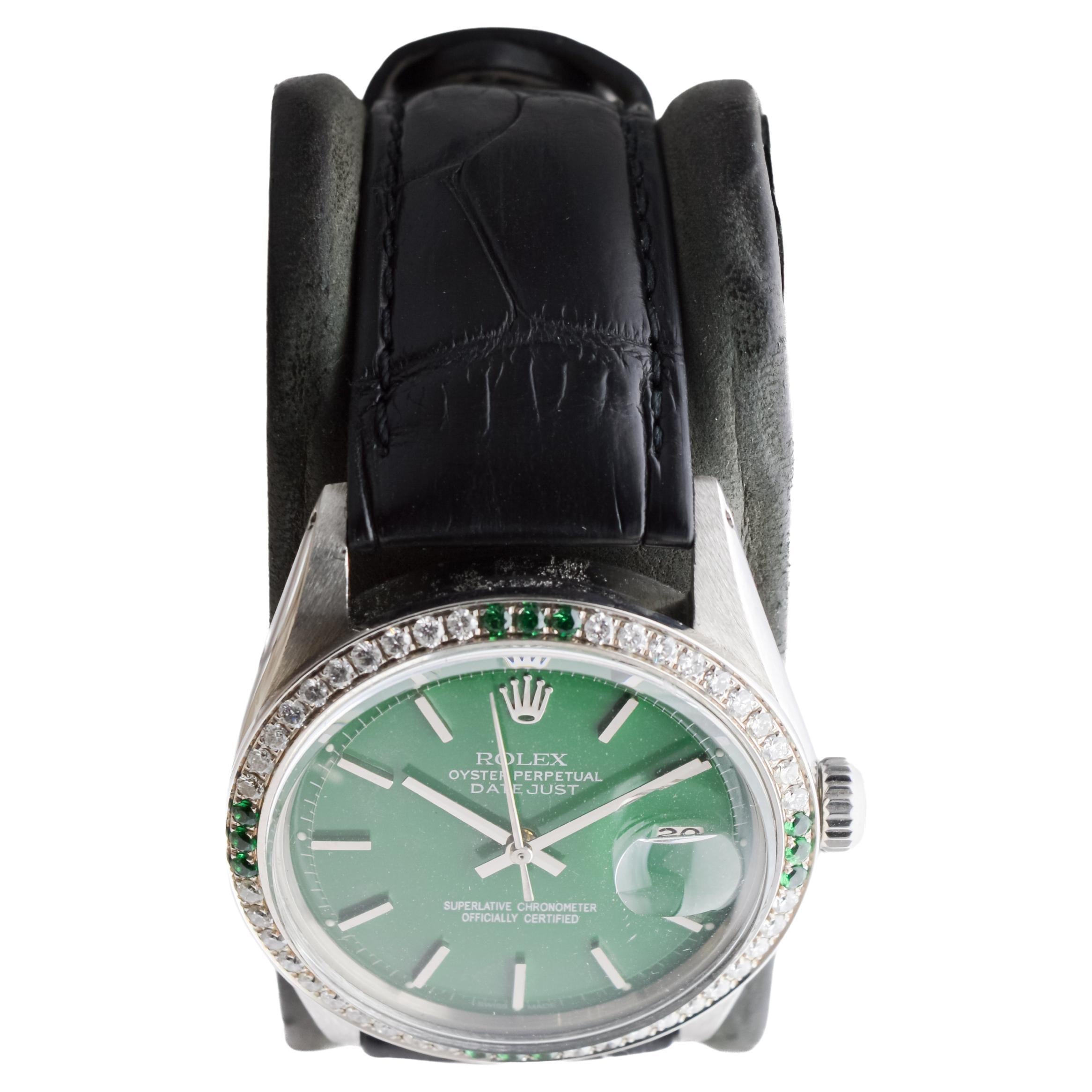Women's or Men's Rolex Steel Datejust With Custom Made Green Dial and Diamond Bezel circa 1970's For Sale