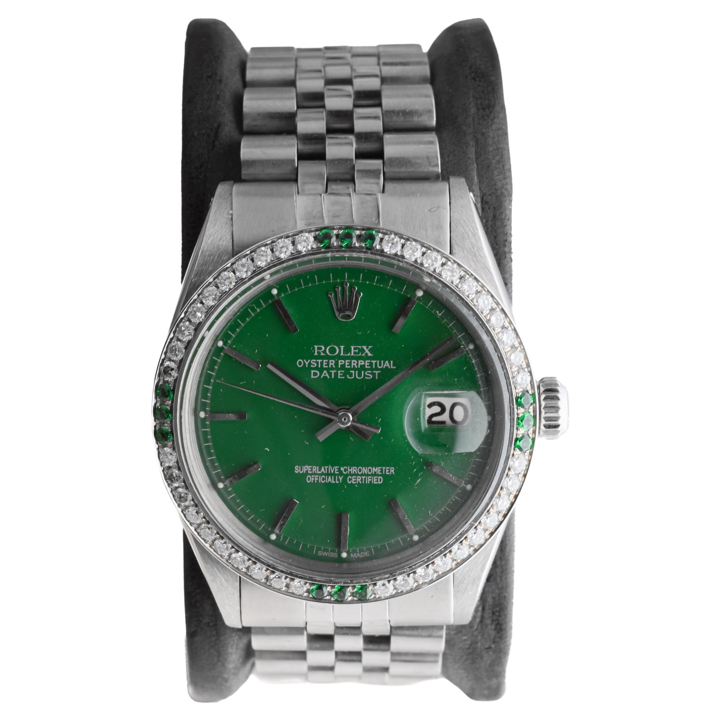Rolex Steel Datejust With Custom Made Green Dial and Diamond Bezel circa 1970's For Sale 1