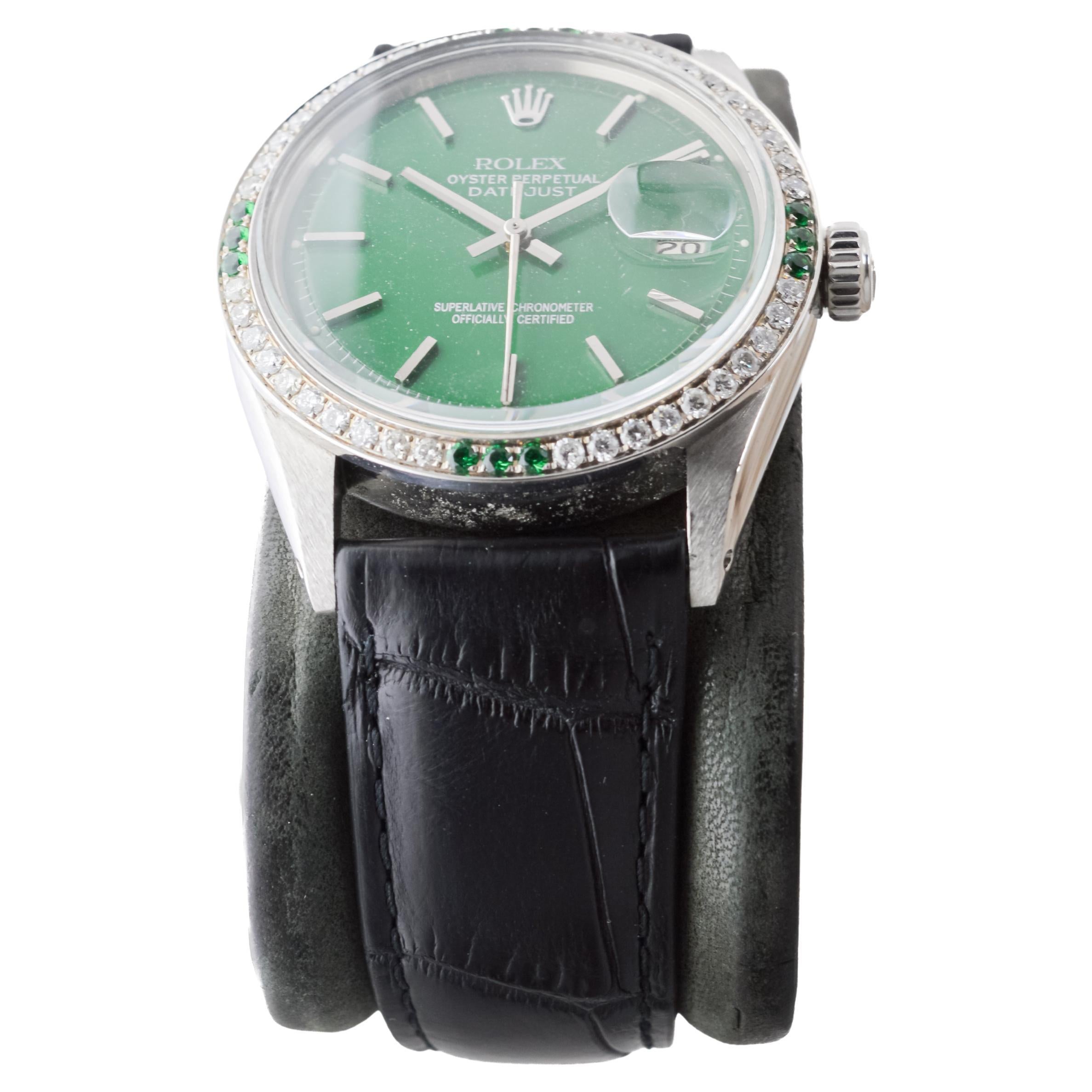 Rolex Steel Datejust With Custom Made Green Dial and Diamond Bezel circa 1970's For Sale 1