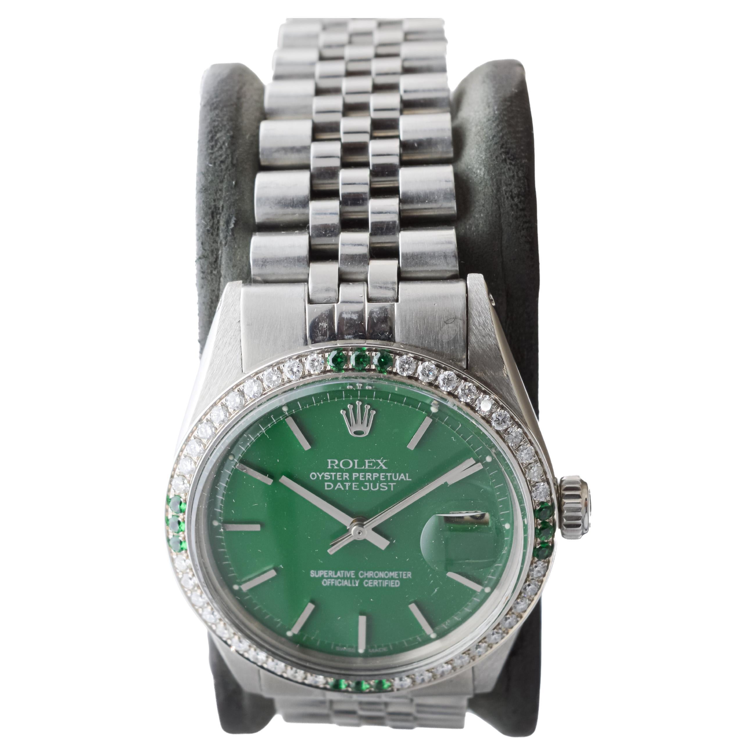 Rolex Steel Datejust With Custom Made Green Dial and Diamond Bezel circa 1970's For Sale 2