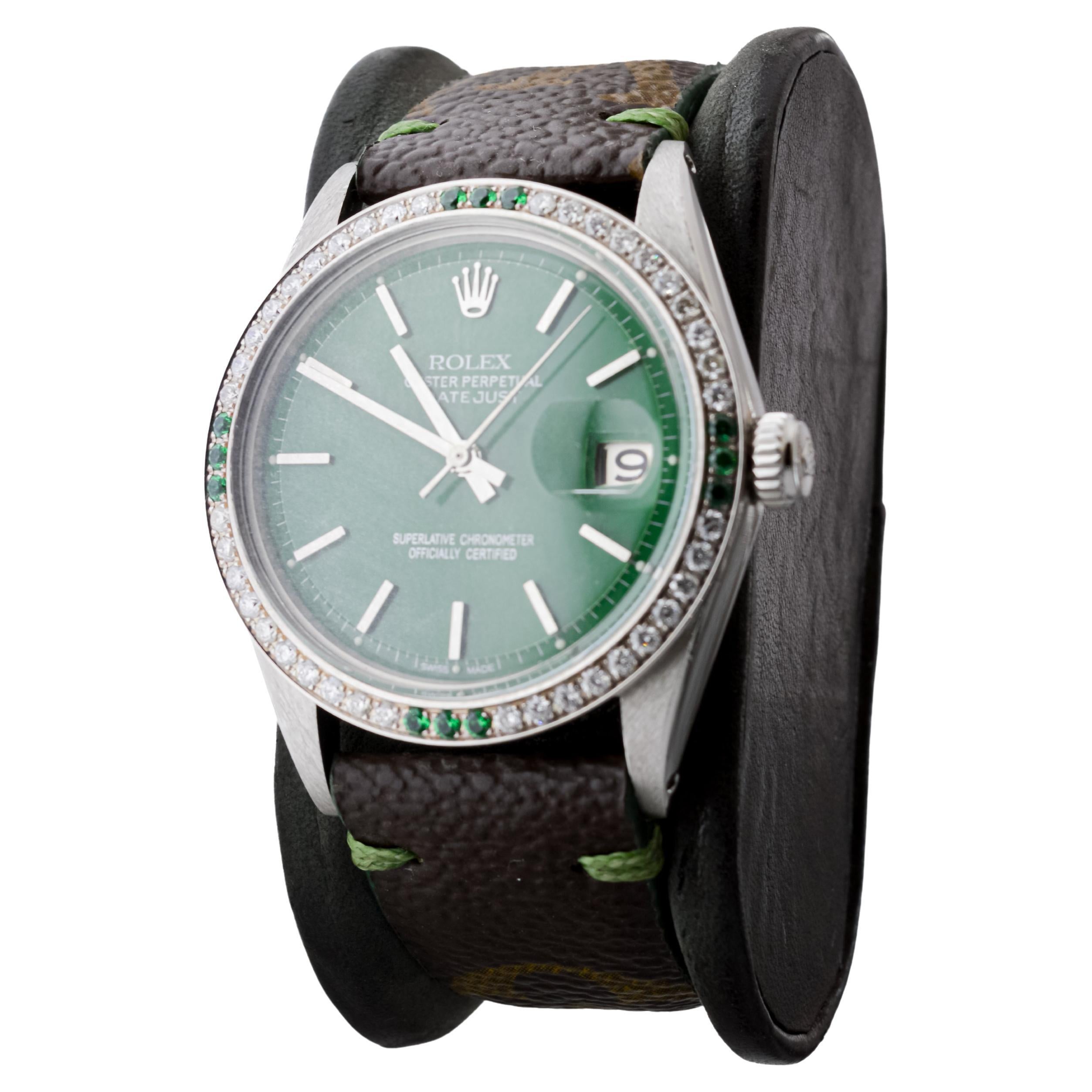 Rolex Steel Datejust With Custom Made Green Dial and Diamond Bezel circa 1970's For Sale 1