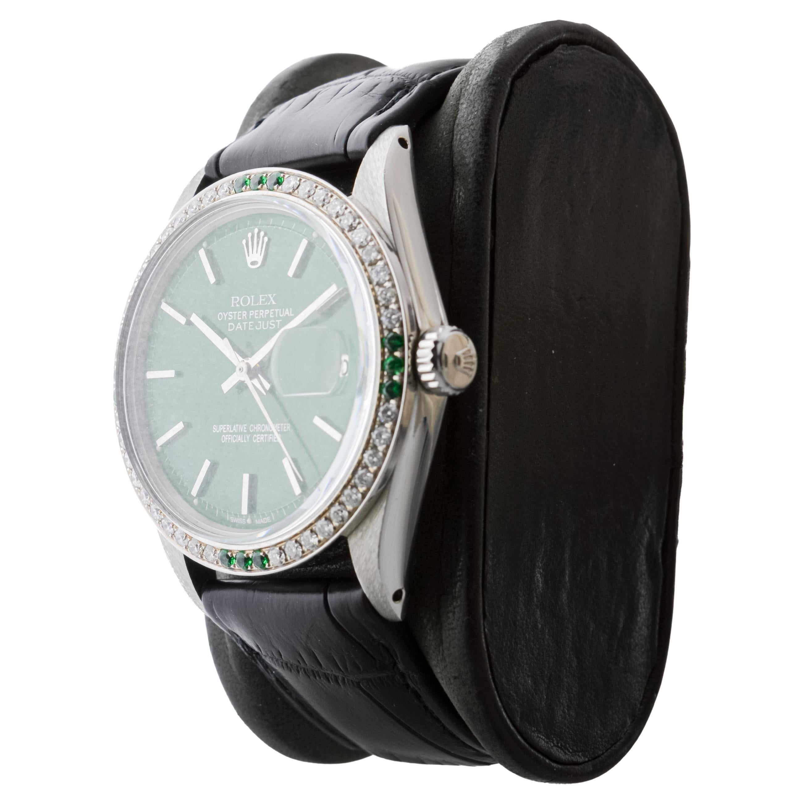 Rolex Steel Datejust With Custom Made Green Dial and Diamond Bezel circa 1970's For Sale 2