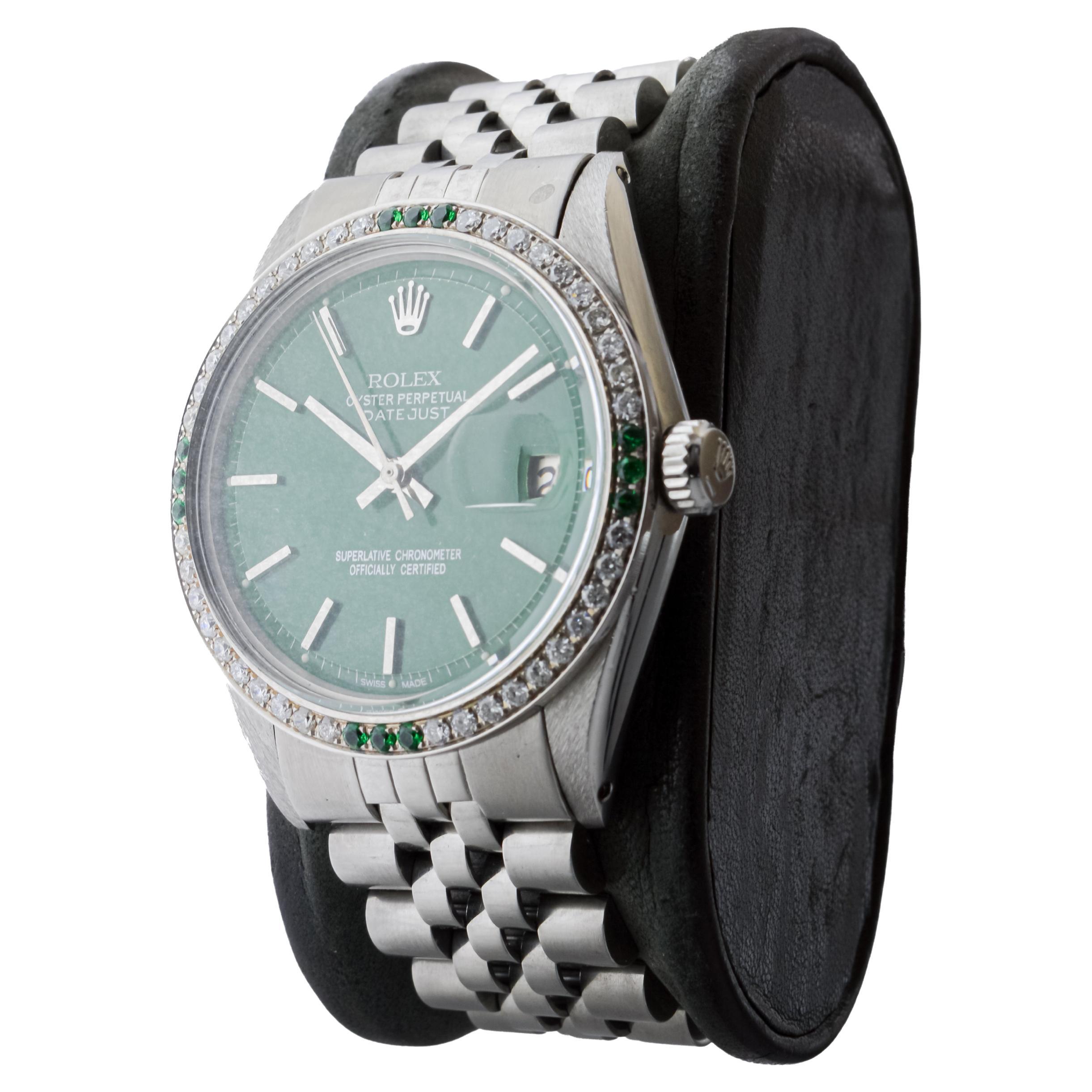 Rolex Steel Datejust With Custom Made Green Dial and Diamond Bezel circa 1970's For Sale 3