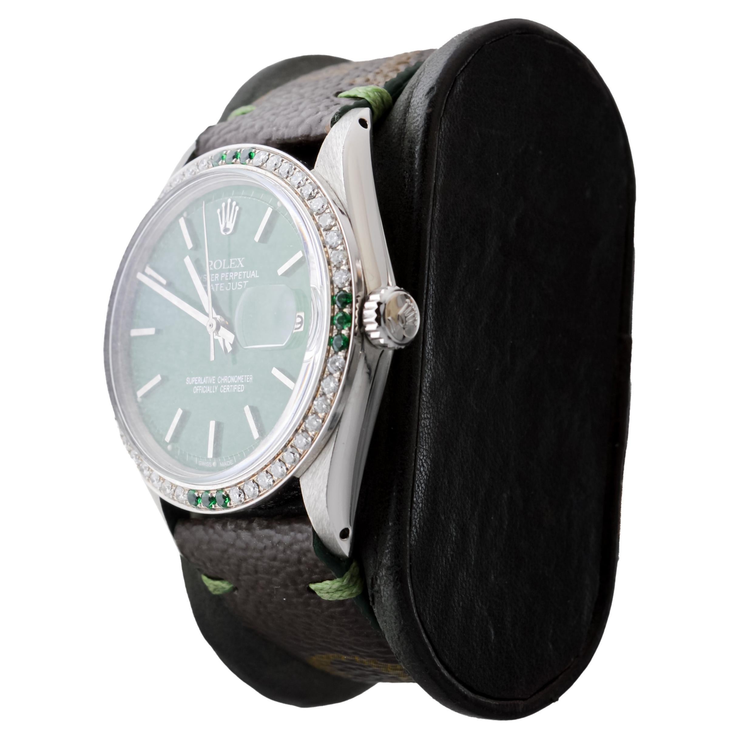 Rolex Steel Datejust With Custom Made Green Dial and Diamond Bezel circa 1970's For Sale 2