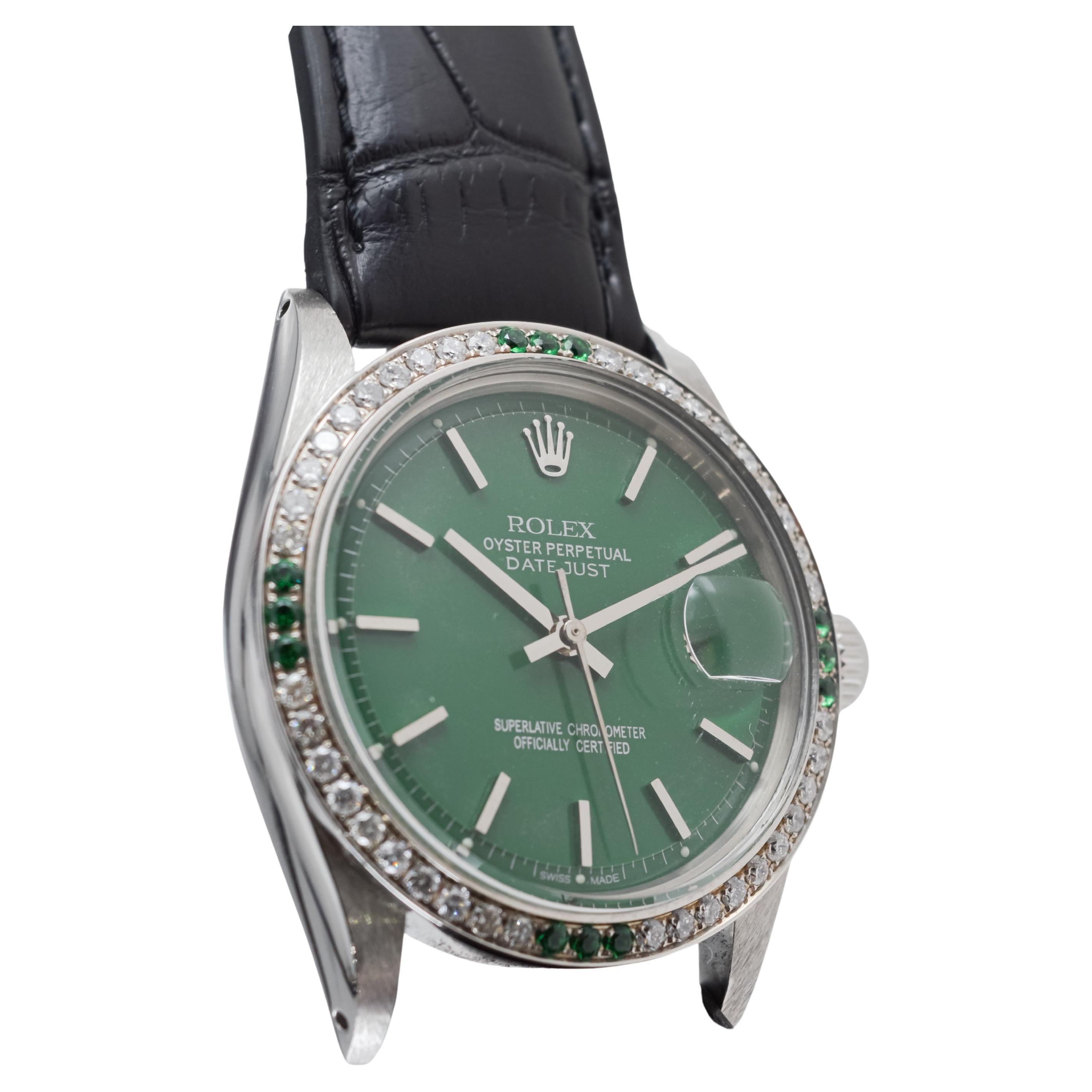 Rolex Steel Datejust With Custom Made Green Dial and Diamond Bezel circa 1970's For Sale 3