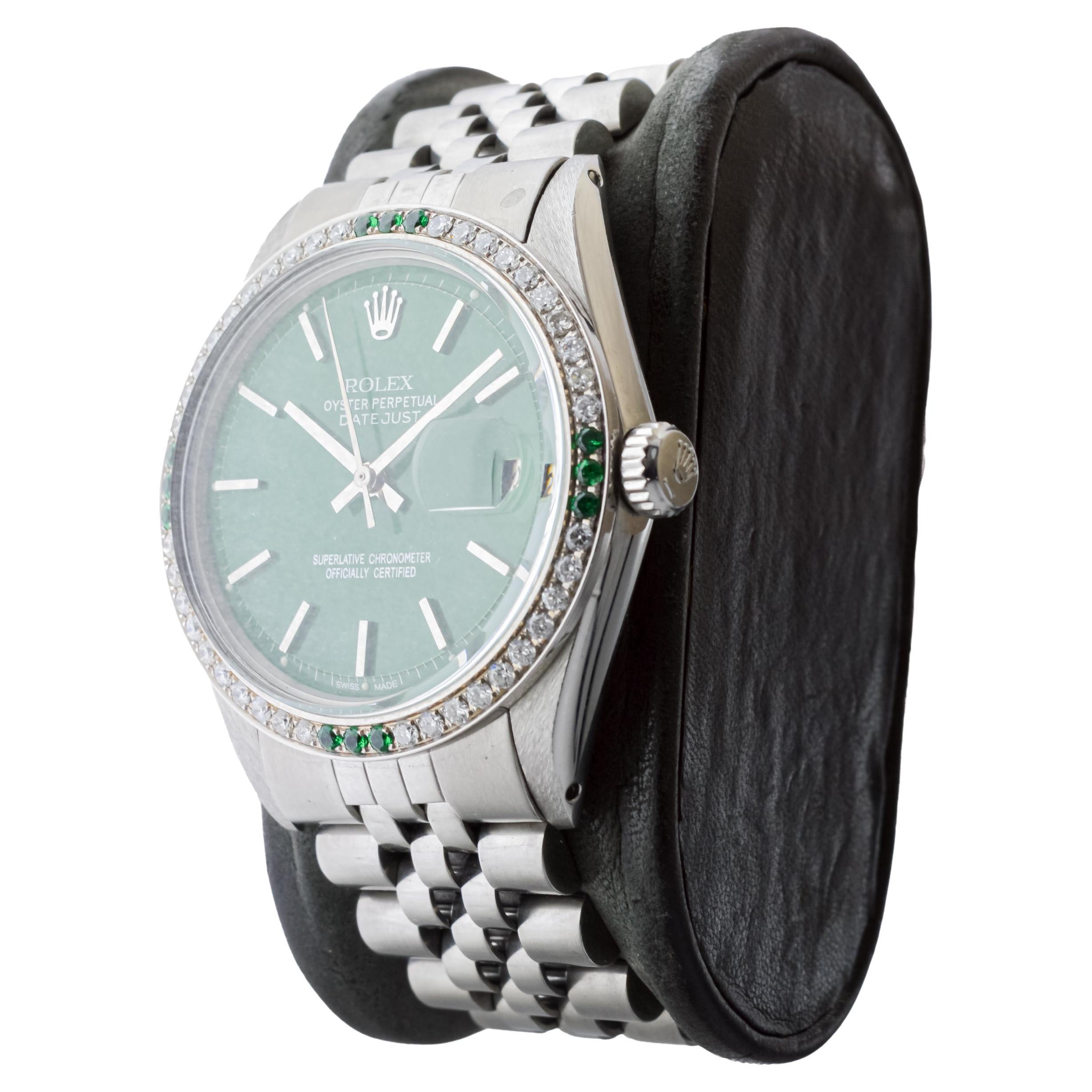 Rolex Steel Datejust With Custom Made Green Dial and Diamond Bezel circa 1970's For Sale 4