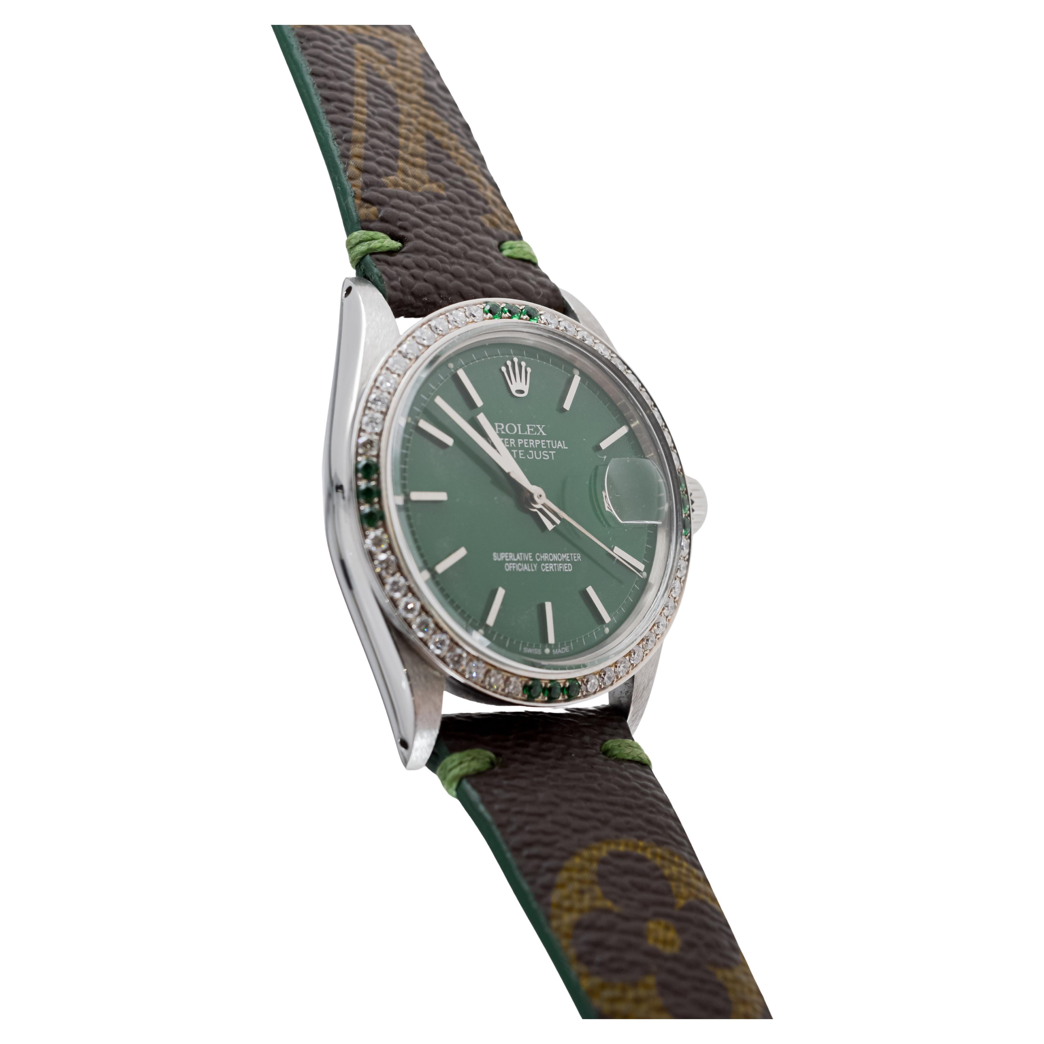 Rolex Steel Datejust With Custom Made Green Dial and Diamond Bezel circa 1970's For Sale 3