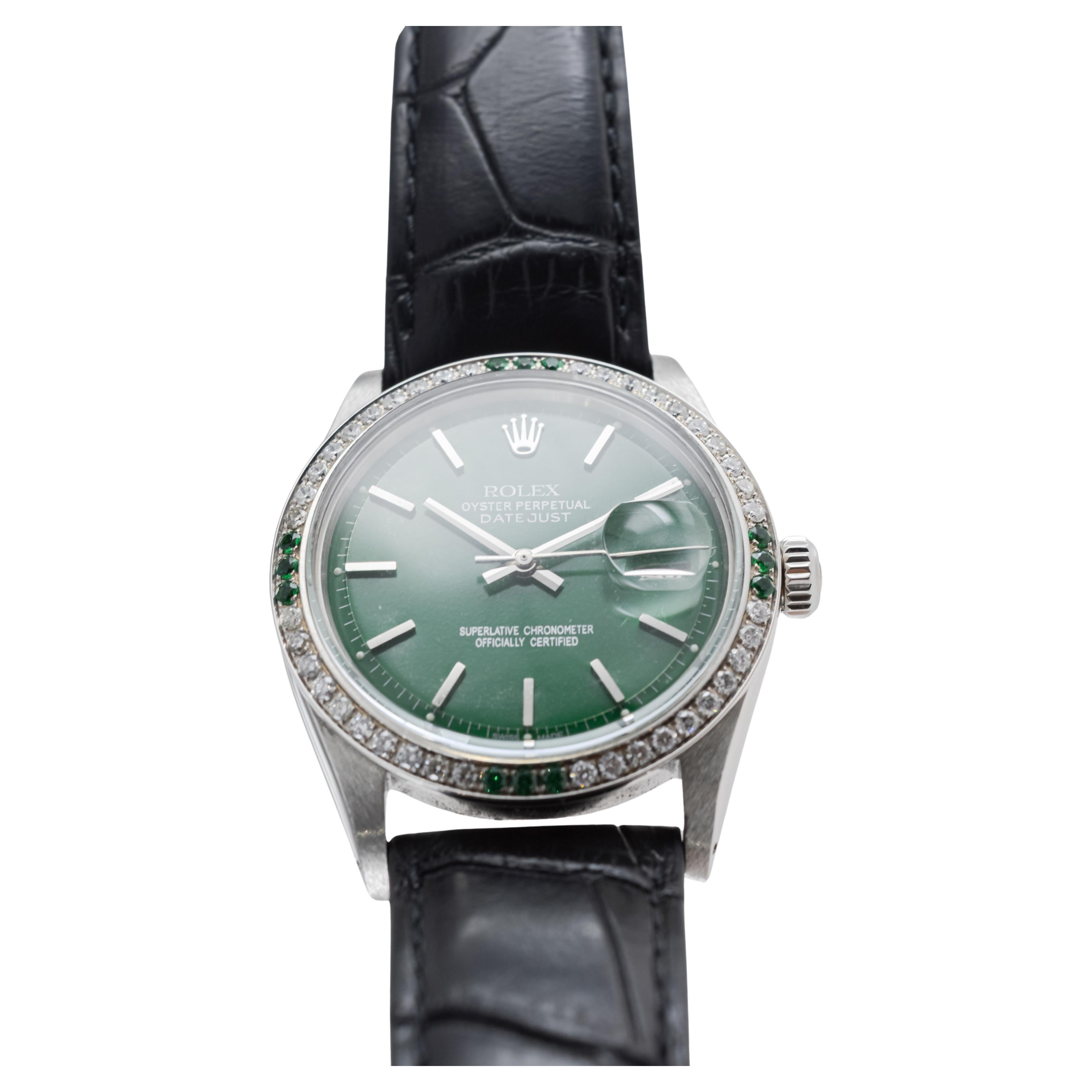 Rolex Steel Datejust With Custom Made Green Dial and Diamond Bezel circa 1970's For Sale 4
