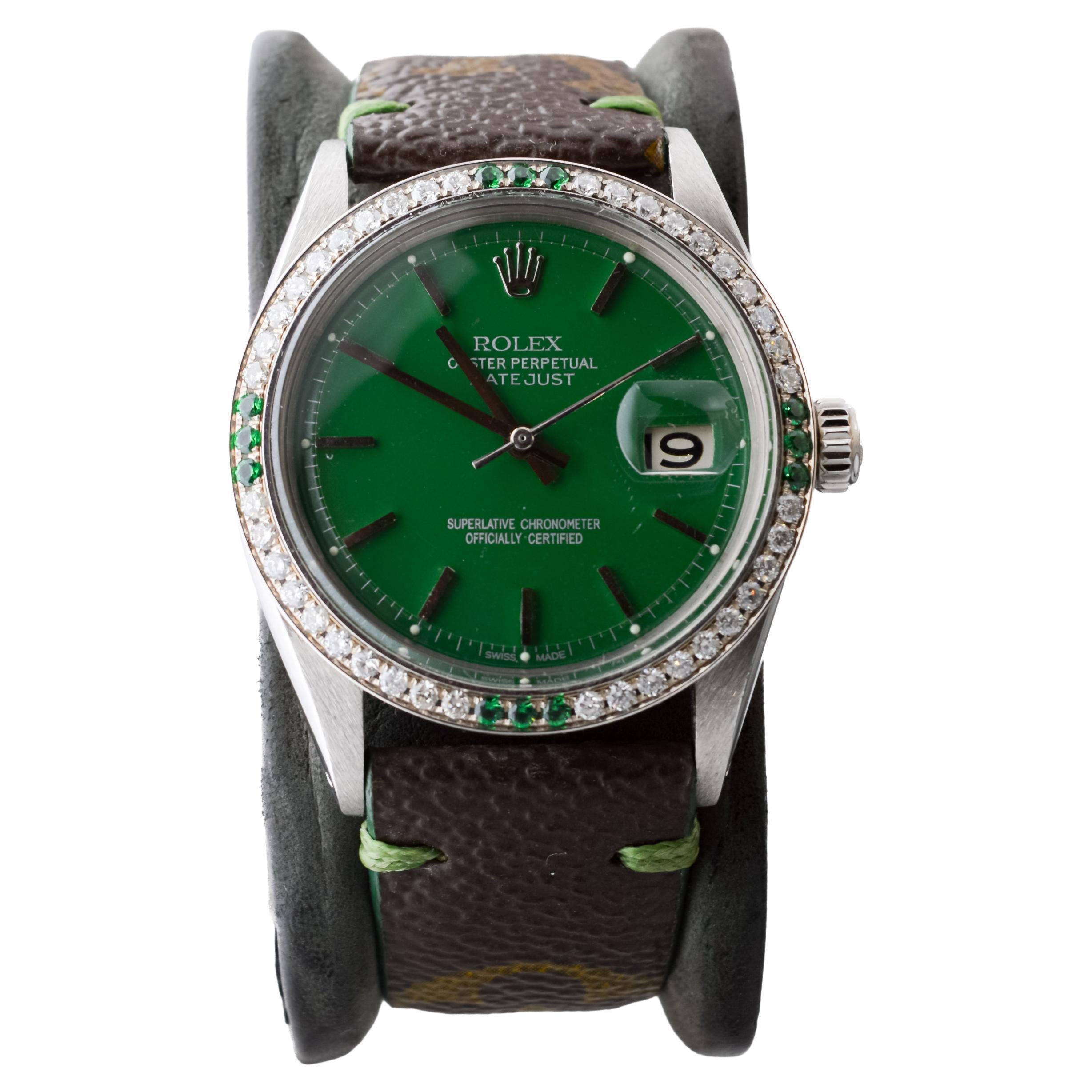 Rolex Steel Datejust With Custom Made Green Dial and Diamond Bezel circa 1970's For Sale