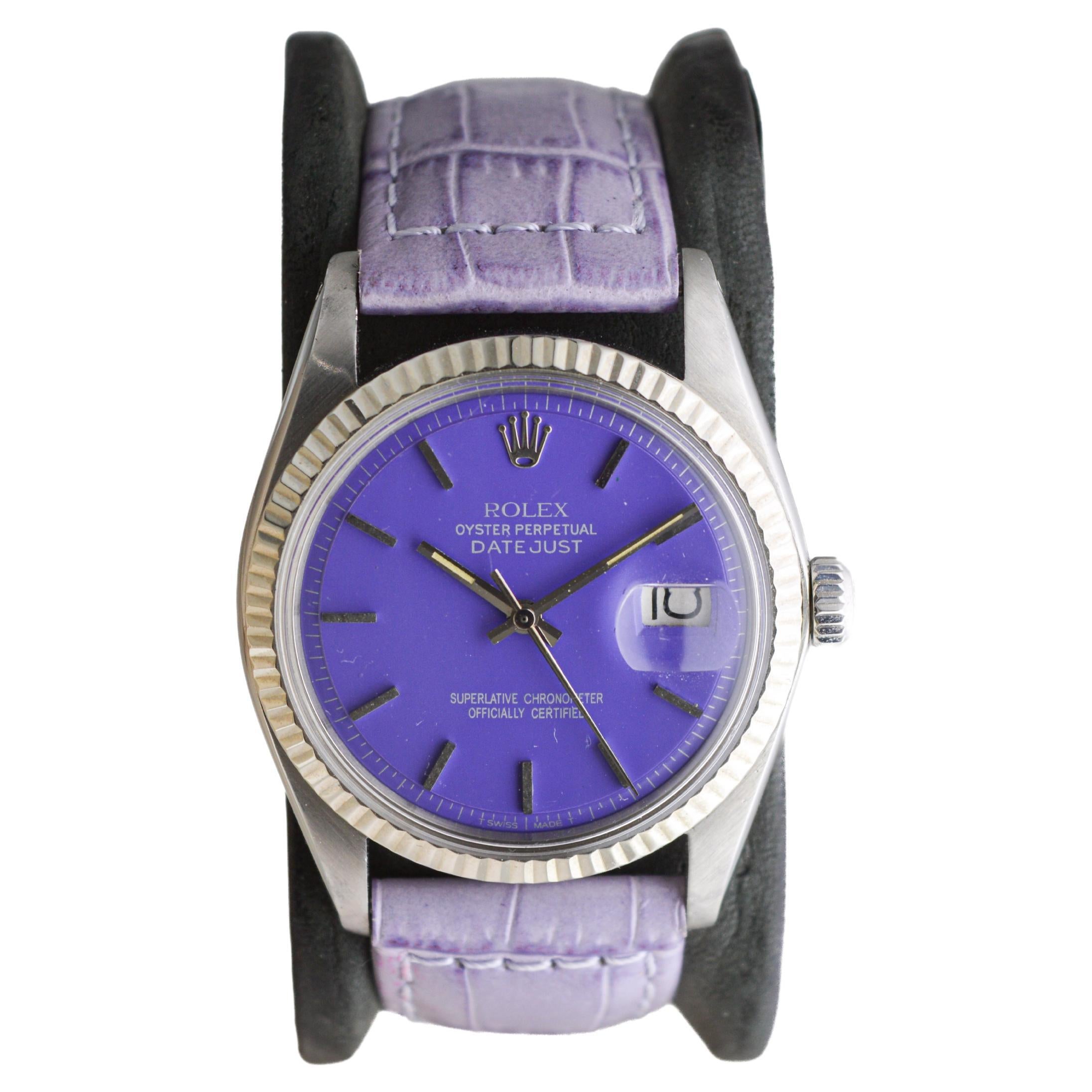 Modern Rolex Steel Datejust with Custom Made Purple Dial circa, 1970's For Sale