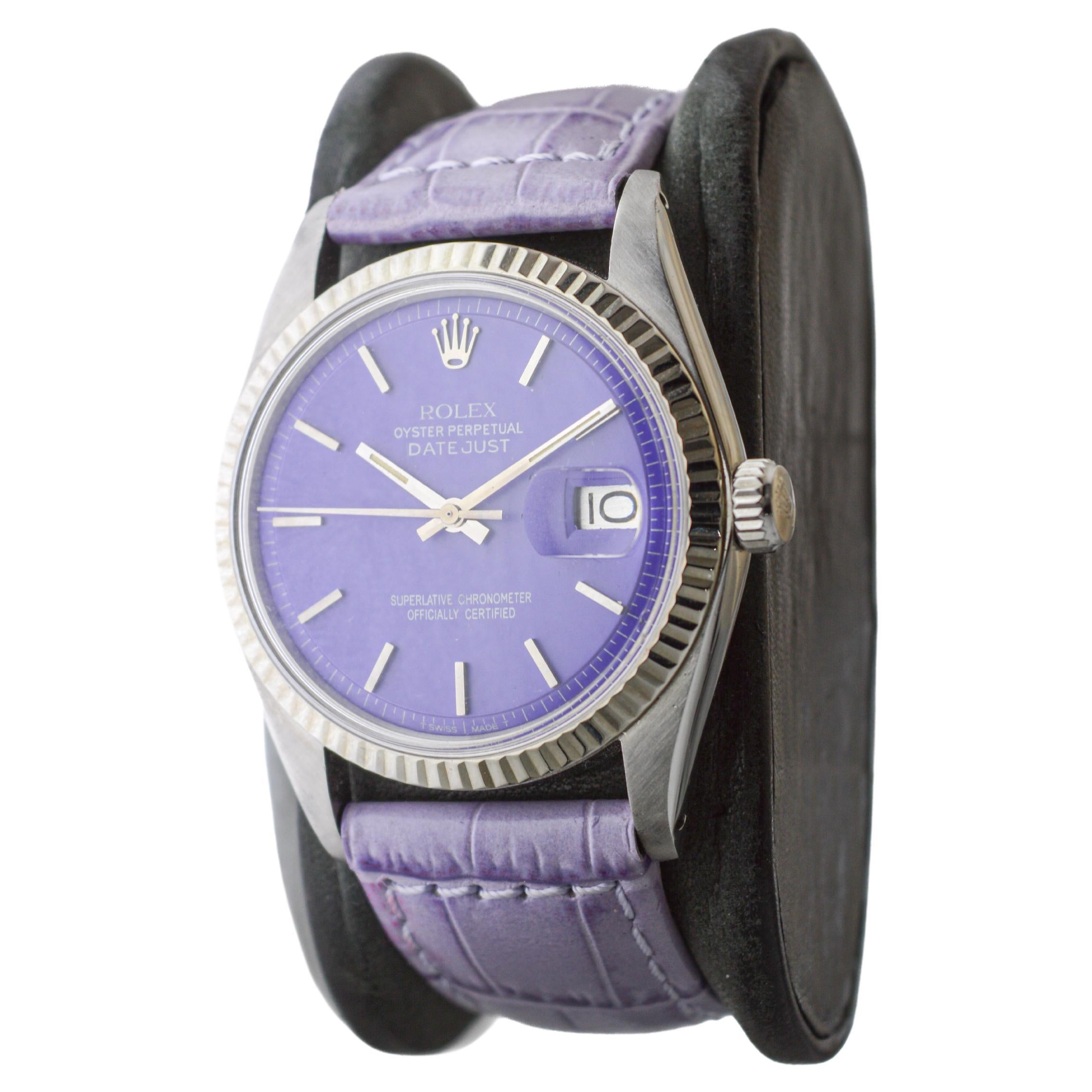 Rolex Steel Datejust with Custom Made Purple Dial circa, 1970's In Excellent Condition For Sale In Long Beach, CA