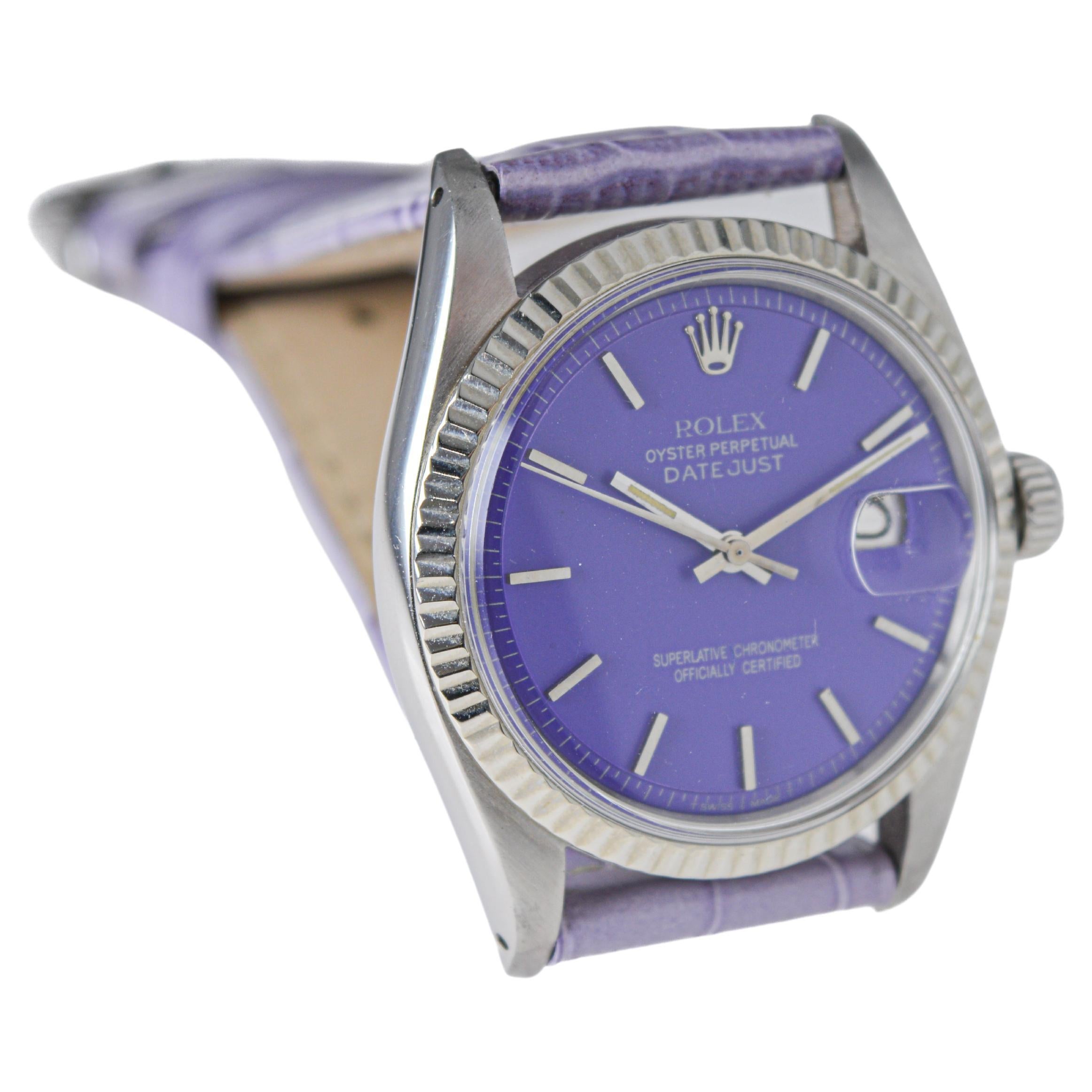 Women's or Men's Rolex Steel Datejust with Custom Made Purple Dial circa, 1970's For Sale
