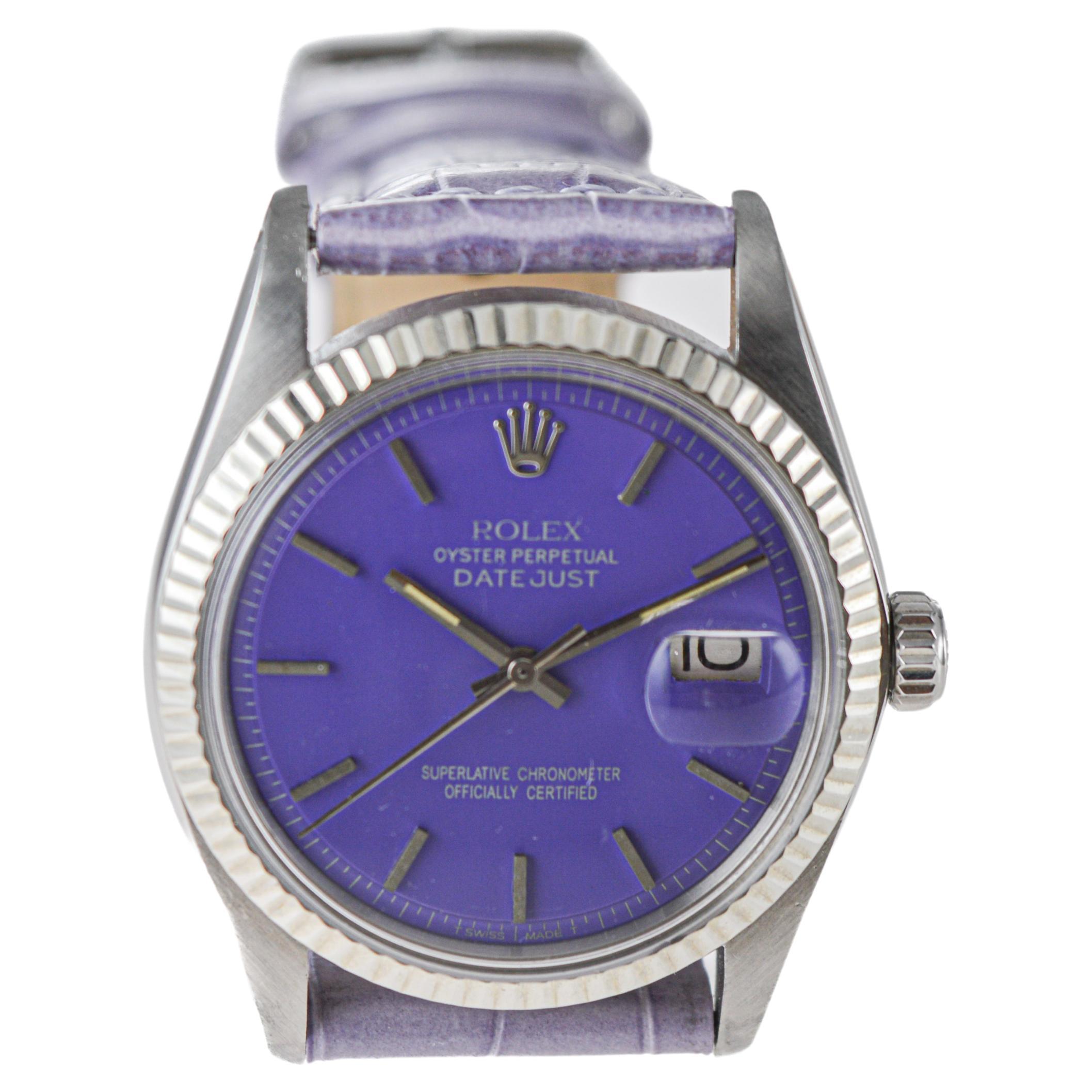 Rolex Steel Datejust with Custom Made Purple Dial circa, 1970's For Sale 1