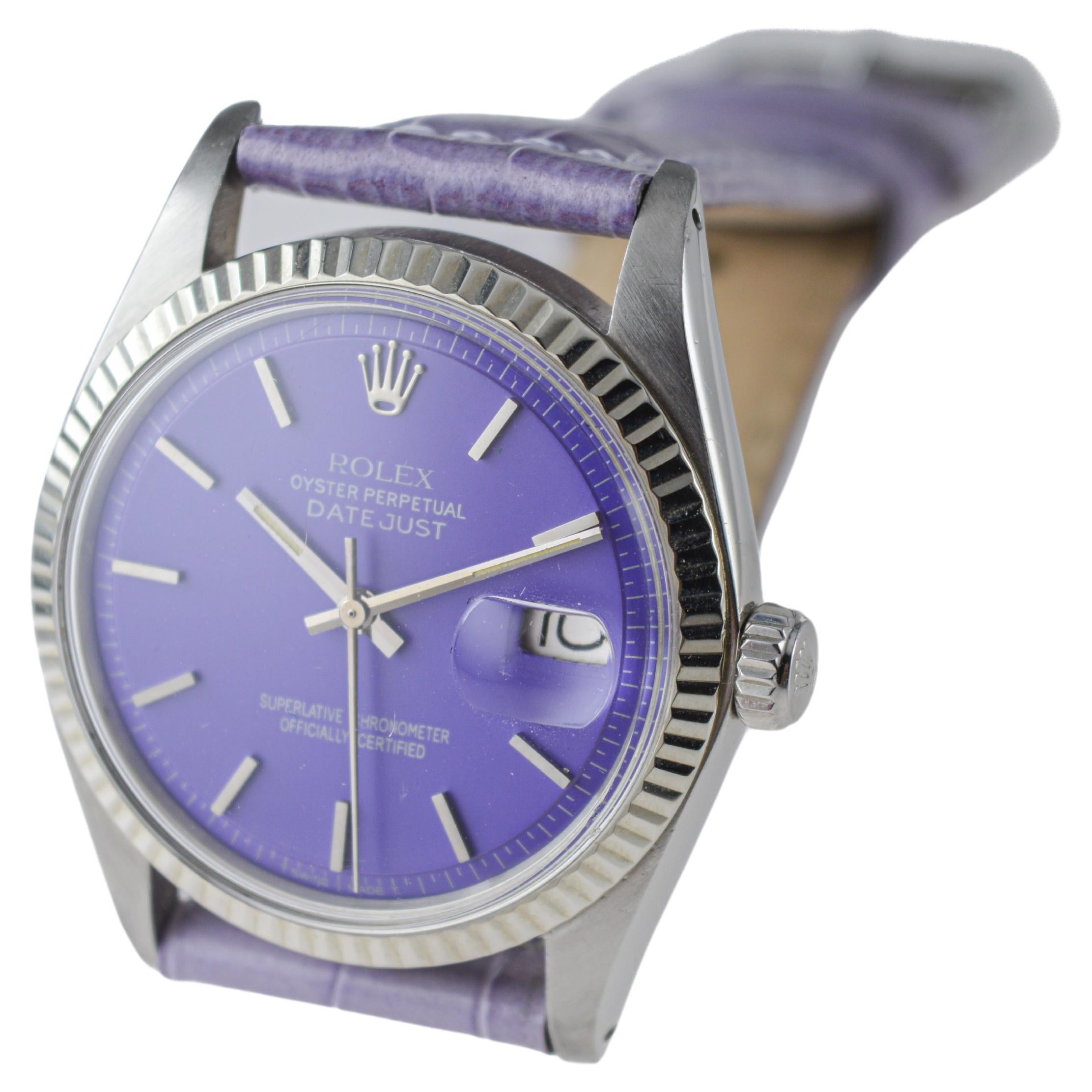 Rolex Steel Datejust with Custom Made Purple Dial circa, 1970's For Sale 2