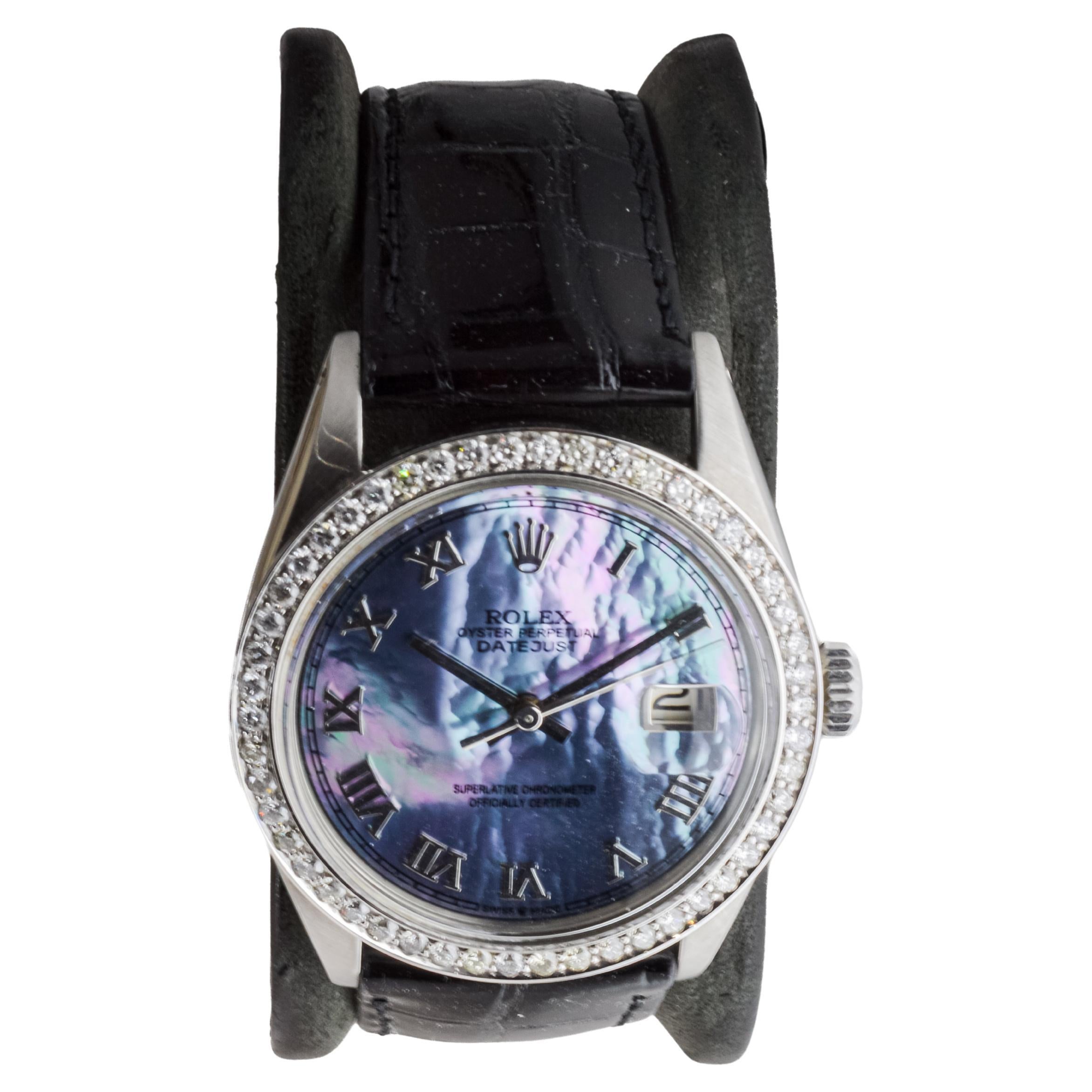 Rolex Steel Datejust with Custom Mother of Pearl Dial and Custom Bezel 1960's In Excellent Condition For Sale In Long Beach, CA
