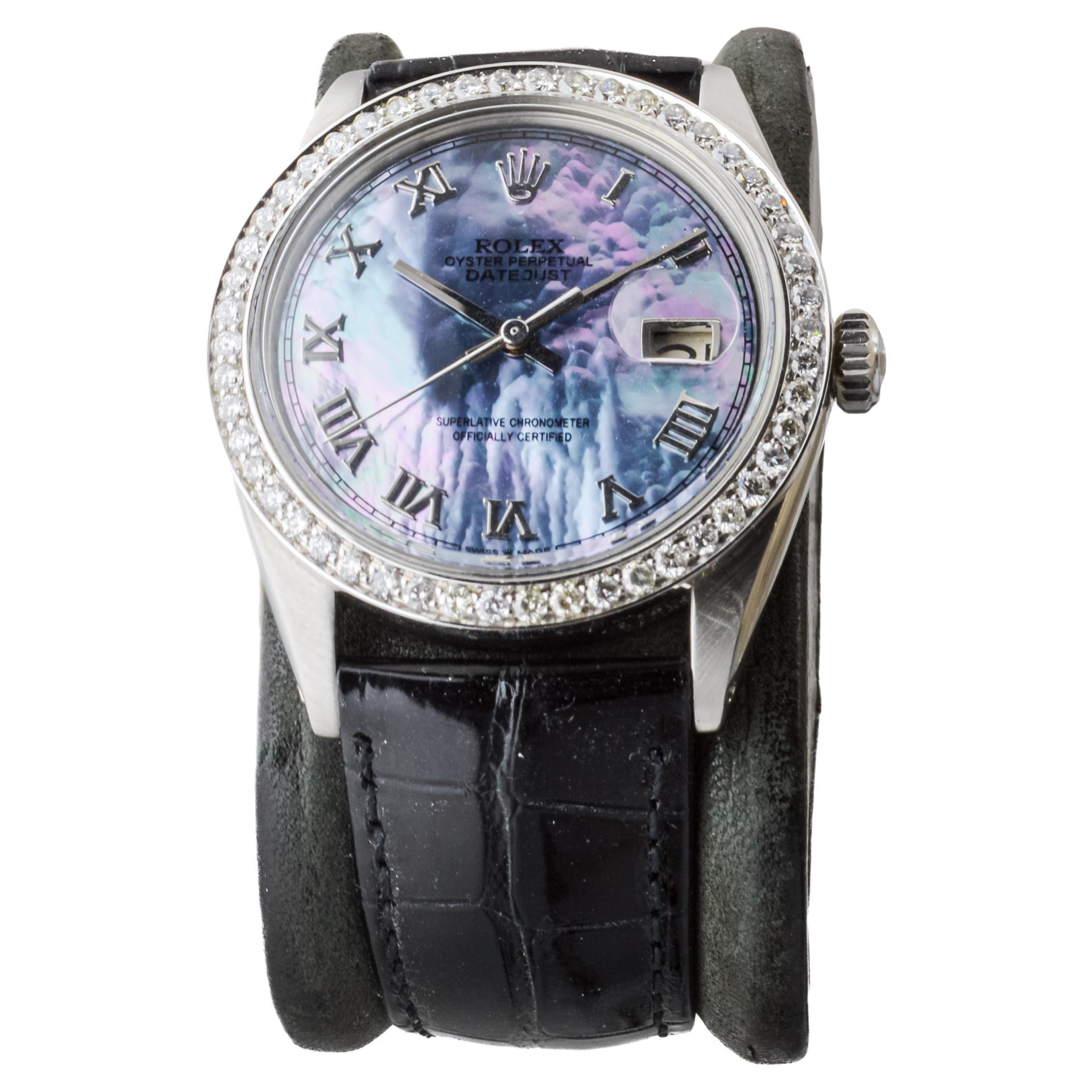 Women's or Men's Rolex Steel Datejust with Custom Mother of Pearl Dial and Custom Bezel 1960's For Sale