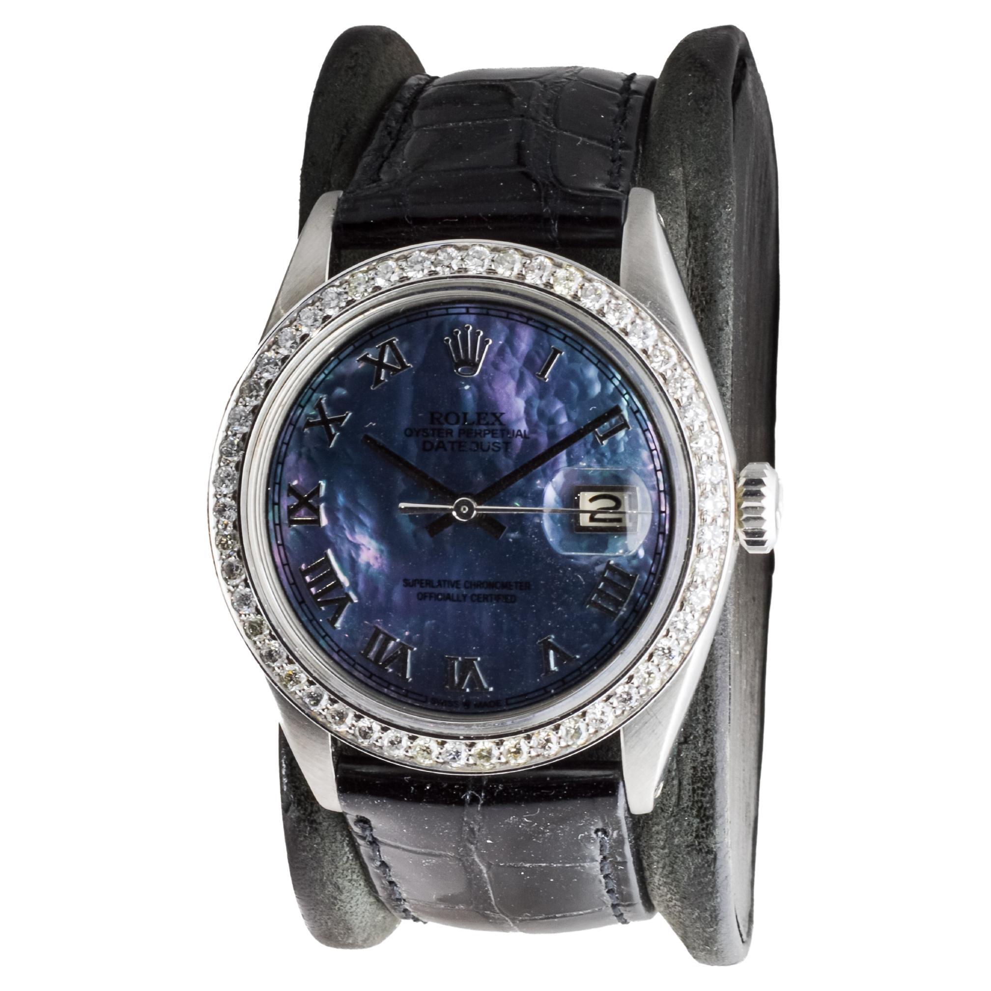 Rolex Steel Datejust with Custom Mother of Pearl Dial and Custom Bezel 1960's For Sale 1