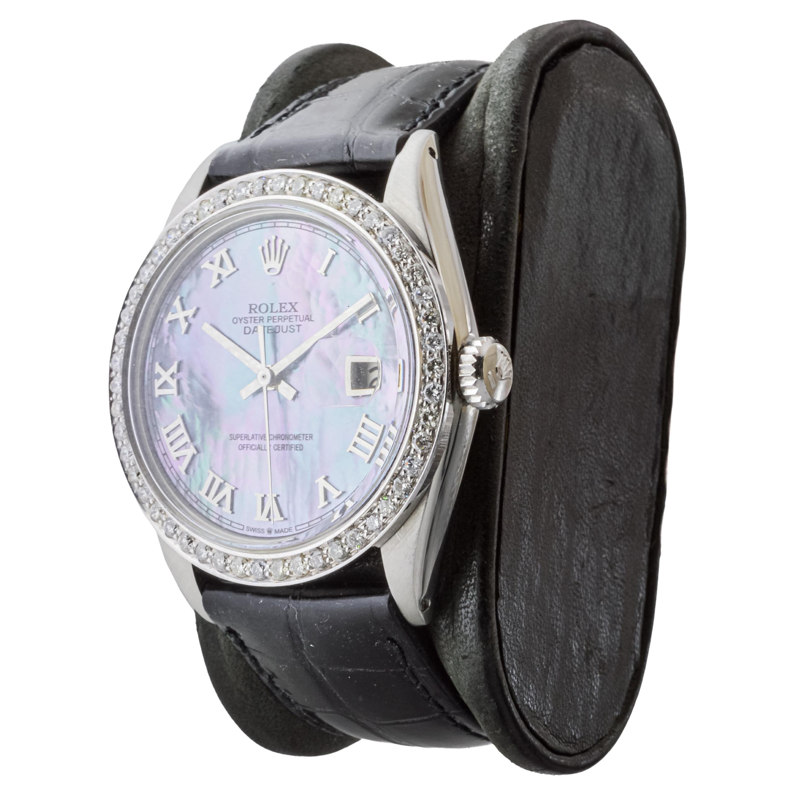 Rolex Steel Datejust with Custom Mother of Pearl Dial and Custom Bezel 1960's For Sale 2