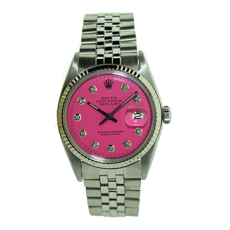 FACTORY / HOUSE: Oyster Perpetual Datejust
STYLE / REFERENCE: Datejust / 1601
METAL / MATERIAL: Stainless Steel
CIRCA: 1971 or 1972 
DIMENSIONS: 44mm x 36mm
MOVEMENT / CALIBER: 26 Jewels
DIAL / HANDS: Custom Pink Diamond Dial / Baton