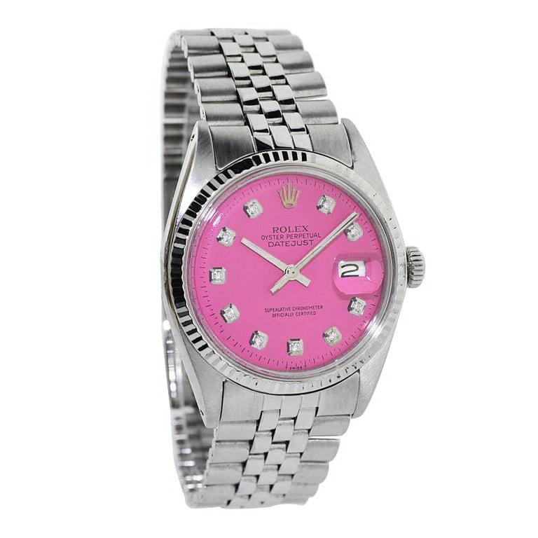 Rolex Steel Datejust with Custom Pink Dial, Early 1960's In Excellent Condition For Sale In Long Beach, CA
