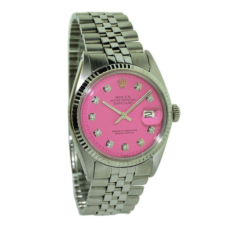 Modernist Rolex Steel Datejust with Custom Pink Dial, Early 1970's For Sale