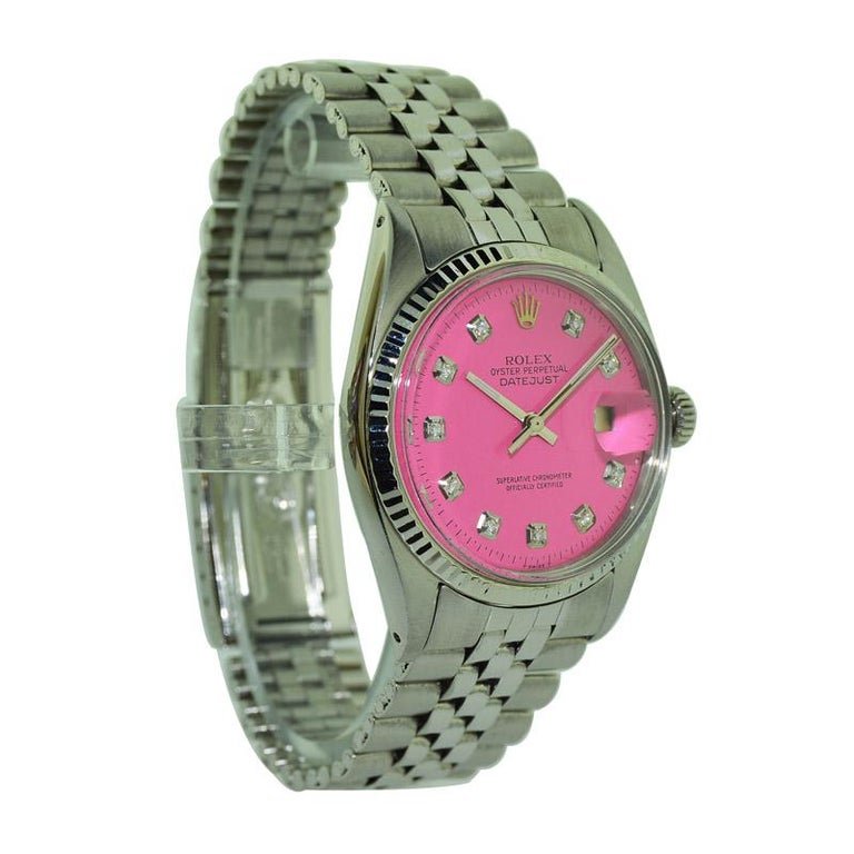 Rolex Steel Datejust with Custom Pink Dial, Early 1970's In Excellent Condition For Sale In Long Beach, CA