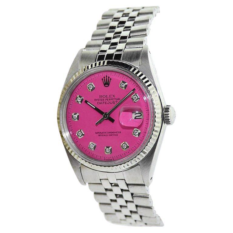 Rolex Montre Datejust en acier avec cadran rose personnalisé, début des années 1970 en vente 1