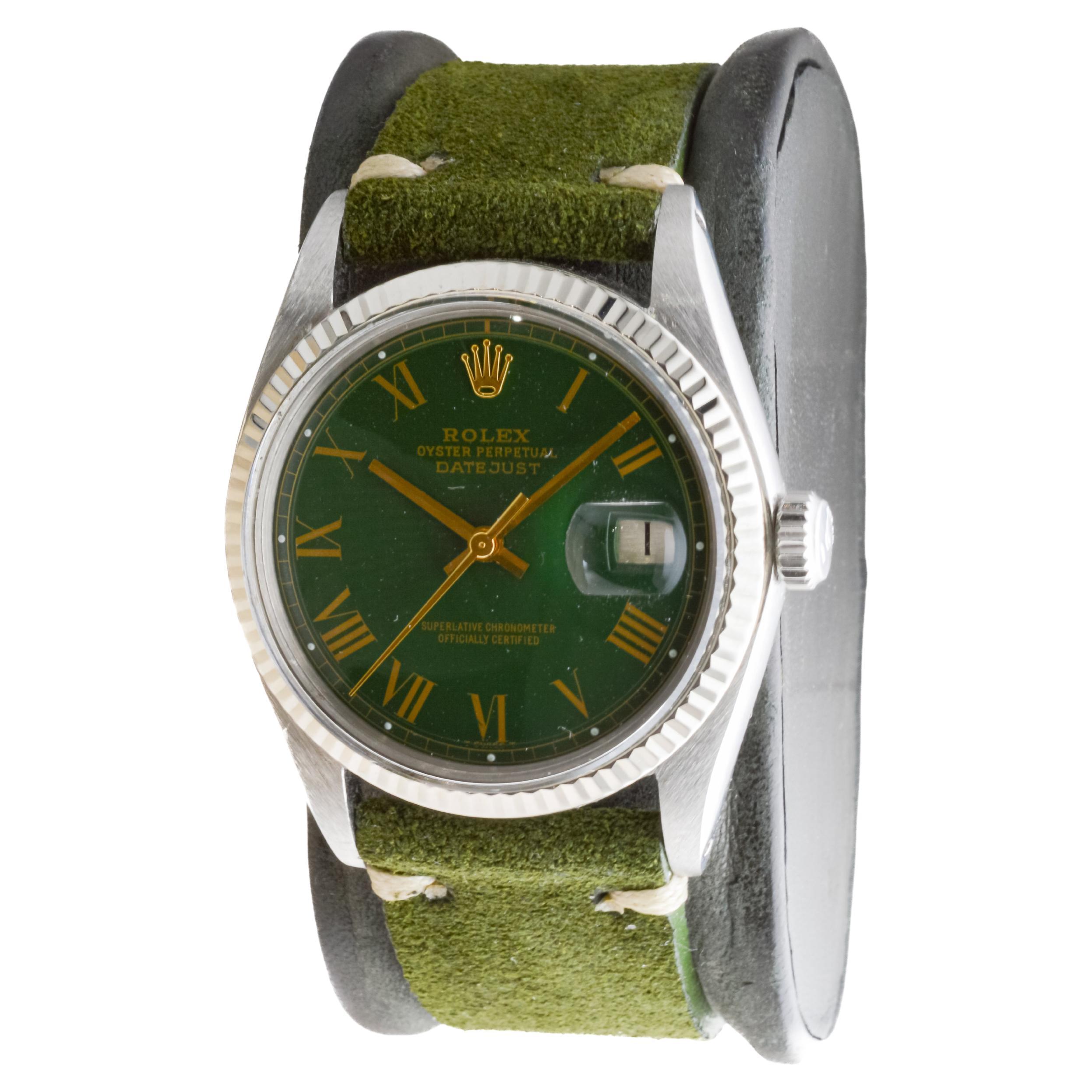 Rolex Datejust in acciaio con quadrante verde con numeri romani personalizzati, circa, anni '70 In condizioni ottime in vendita a Long Beach, CA