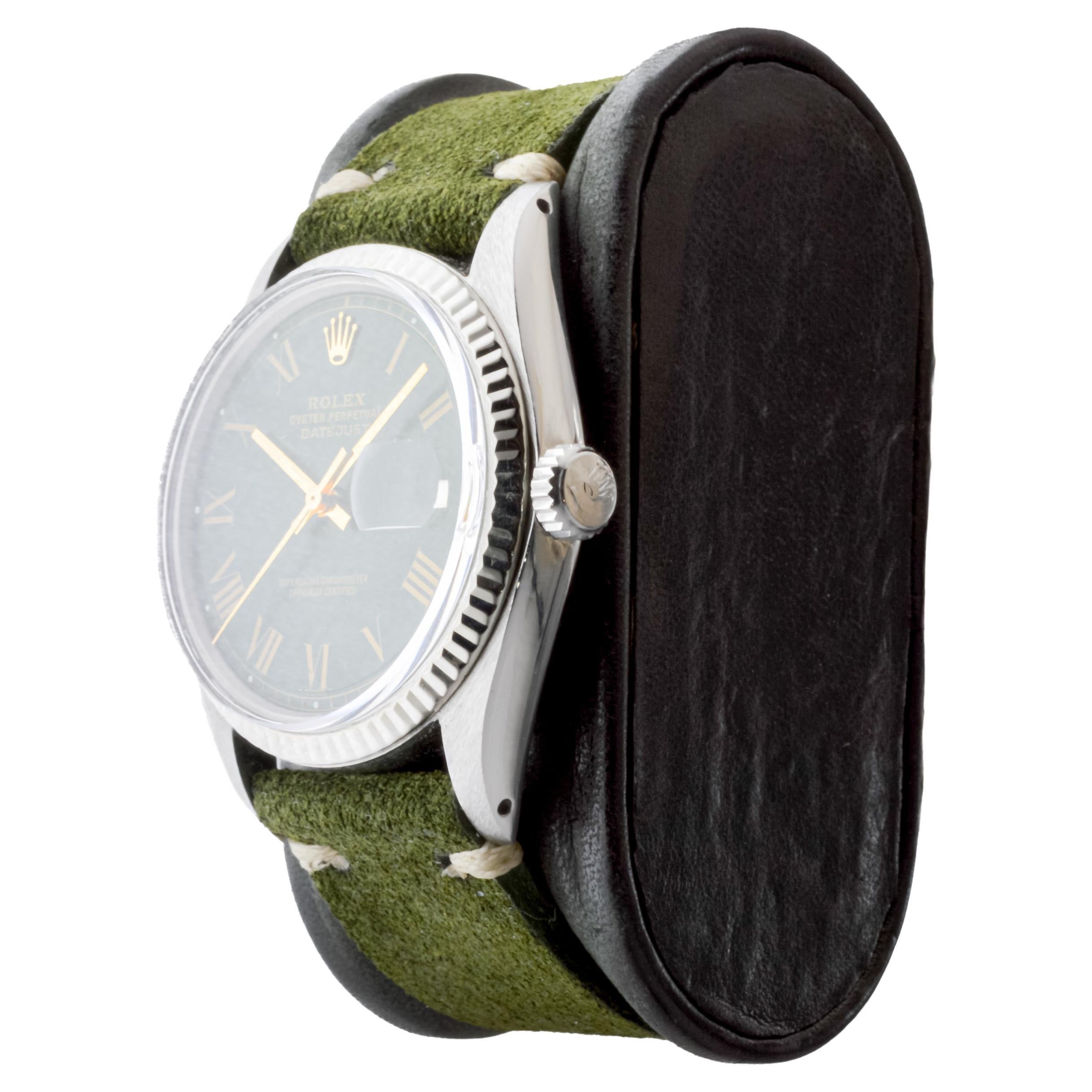 da uomo o donna Rolex Datejust in acciaio con quadrante verde con numeri romani personalizzati, circa, anni '70 in vendita