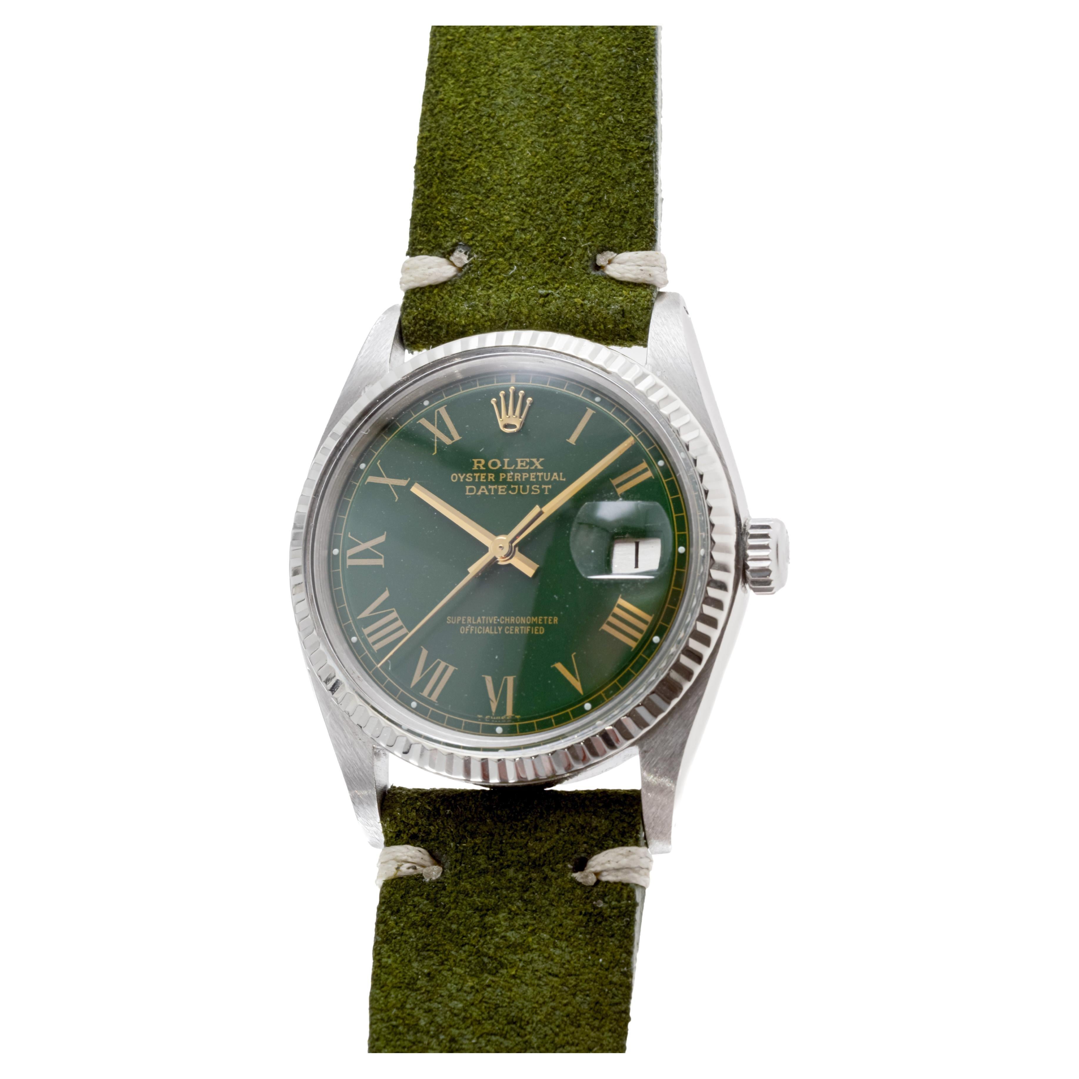 Rolex Datejust in acciaio con quadrante verde con numeri romani personalizzati, circa, anni '70 in vendita 1